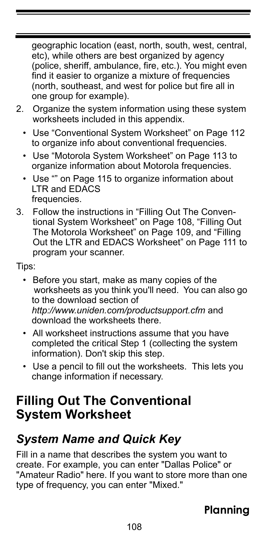 Filling out the conventional system worksheet, System name and quick key, Planning | Uniden BC246T User Manual | Page 108 / 128