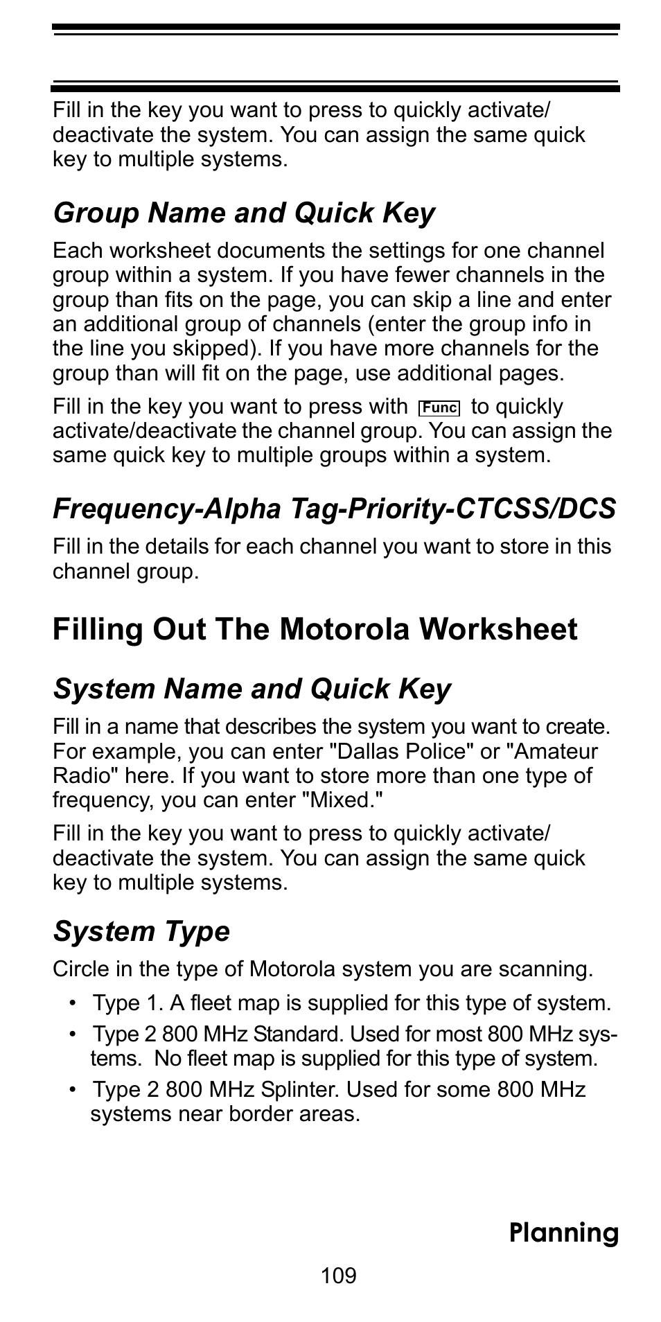 Group name and quick key, Frequency-alpha tag-priority-ctcss/dcs, Filling out the motorola worksheet | System name and quick key, System type, Filling out, Planning | Uniden BC246T User Manual | Page 109 / 128