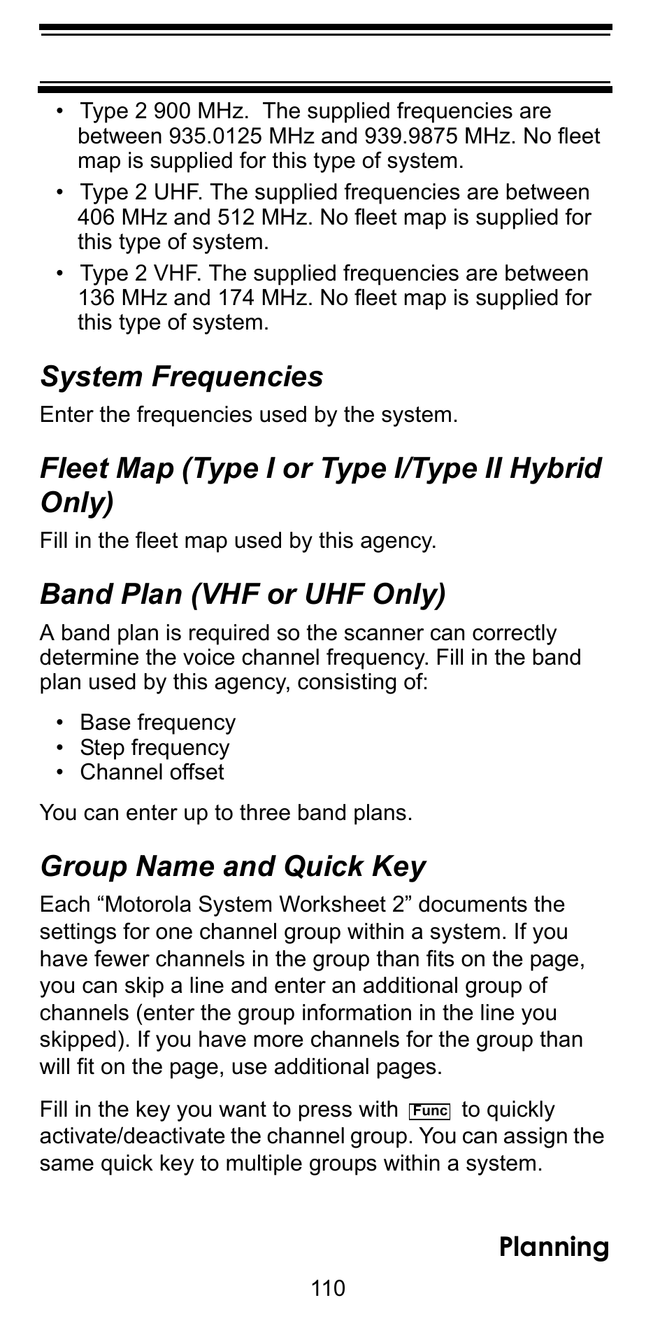 System frequencies, Fleet map (type i or type i/type ii hybrid only), Band plan (vhf or uhf only) | Group name and quick key, Planning | Uniden BC246T User Manual | Page 110 / 128