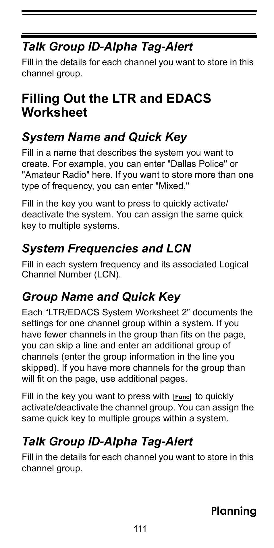 Talk group id-alpha tag-alert, Filling out the ltr and edacs worksheet, System name and quick key | System frequencies and lcn, Group name and quick key, Filling, Planning | Uniden BC246T User Manual | Page 111 / 128