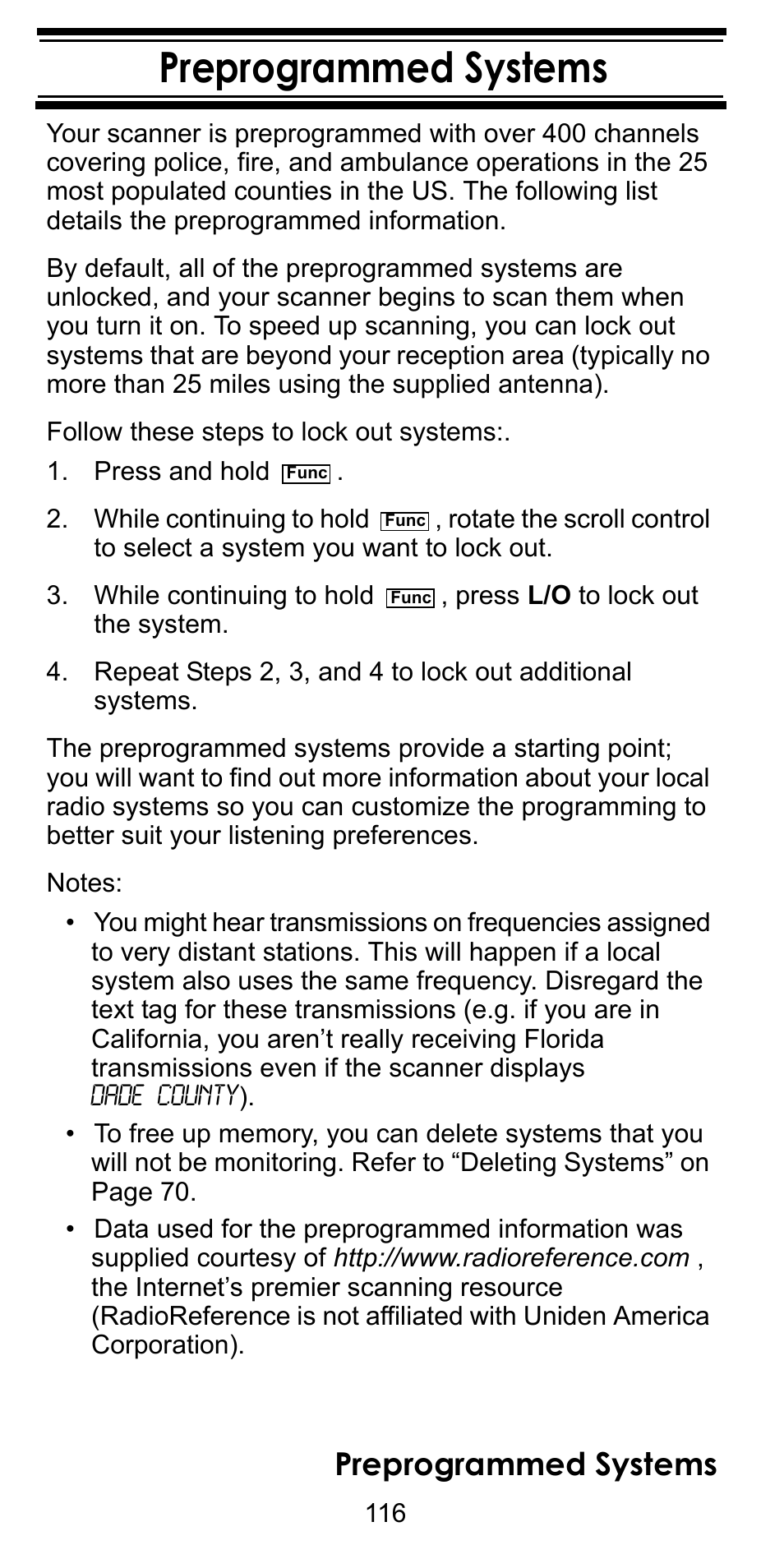 Preprogrammed systems, Press and hold | Uniden BC246T User Manual | Page 116 / 128