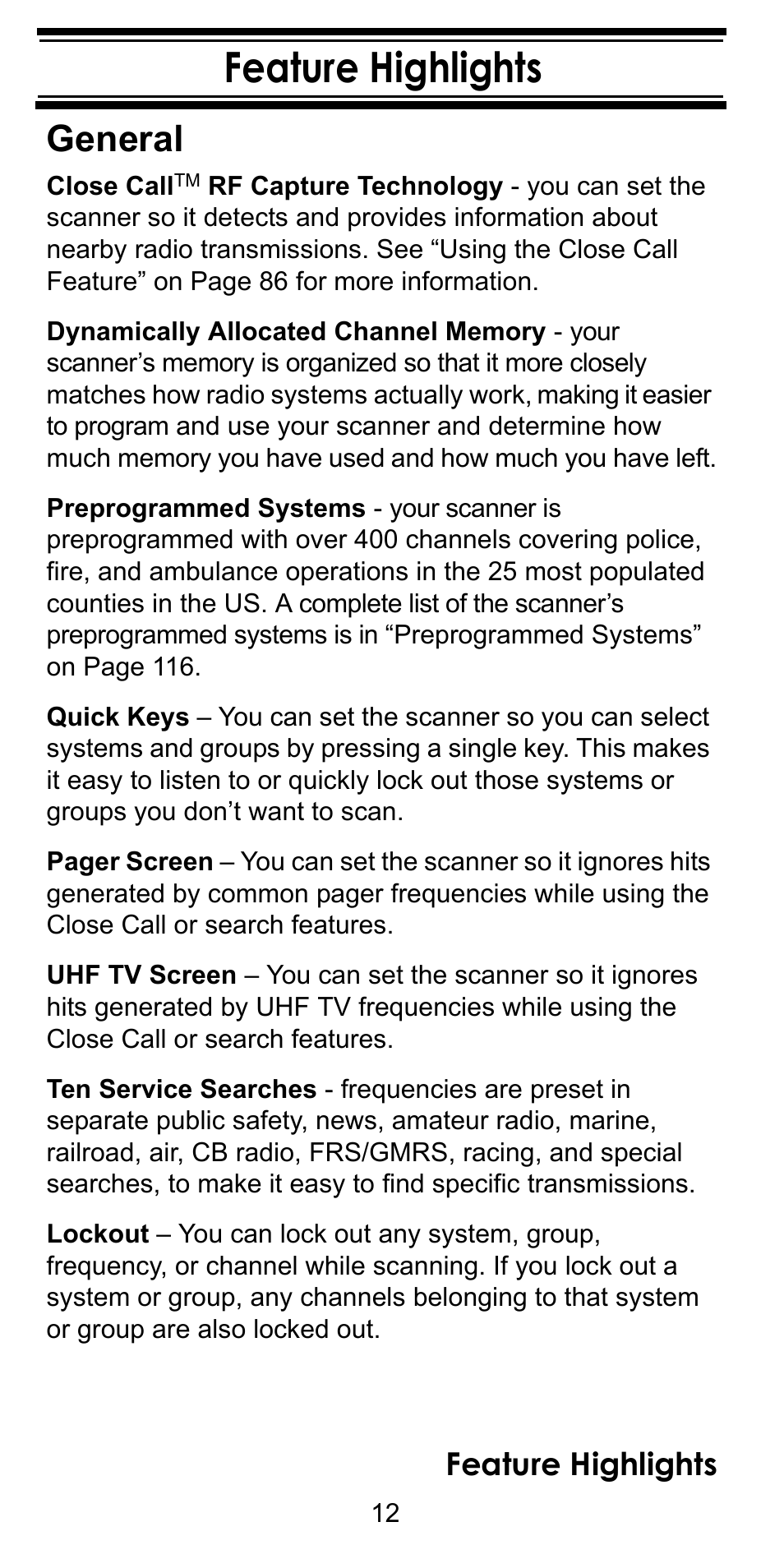 Feature highlights, General, Feature highlights general | Uniden BC246T User Manual | Page 12 / 128