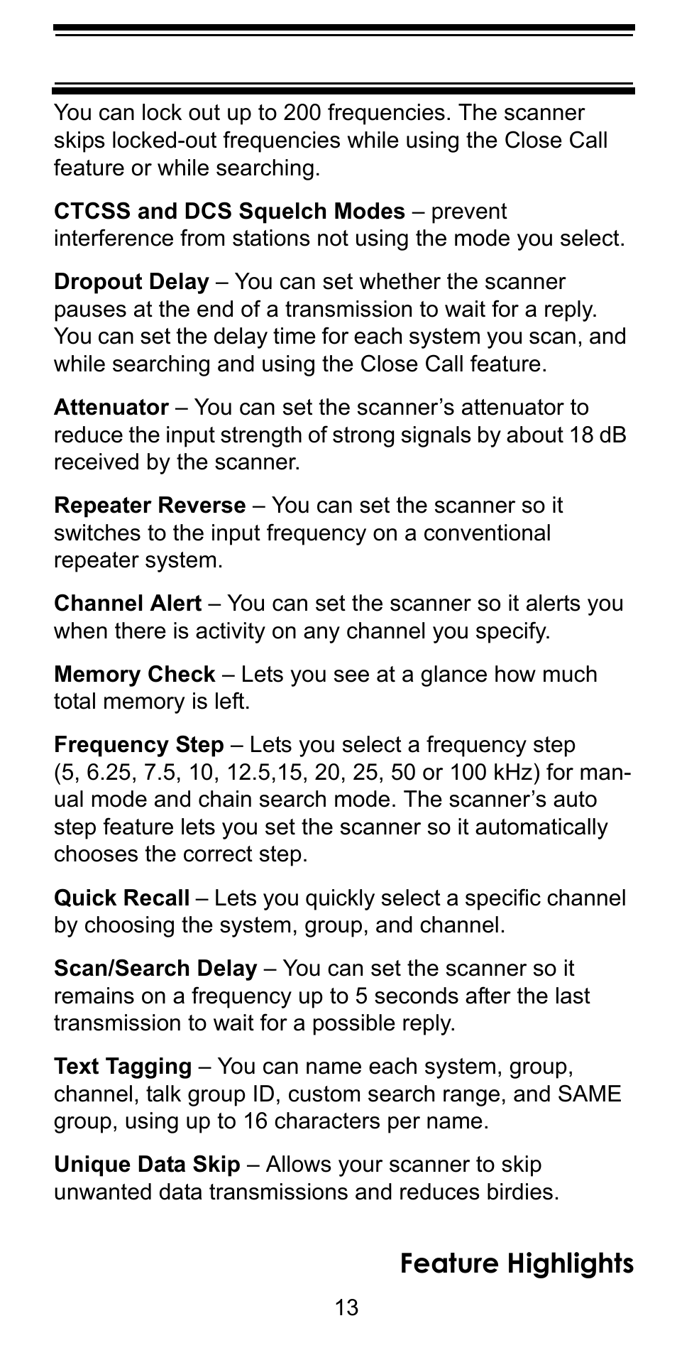 Feature highlights | Uniden BC246T User Manual | Page 13 / 128