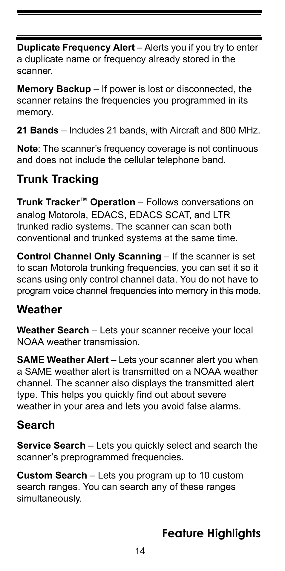 Feature highlights, Trunk tracking, Weather | Search | Uniden BC246T User Manual | Page 14 / 128