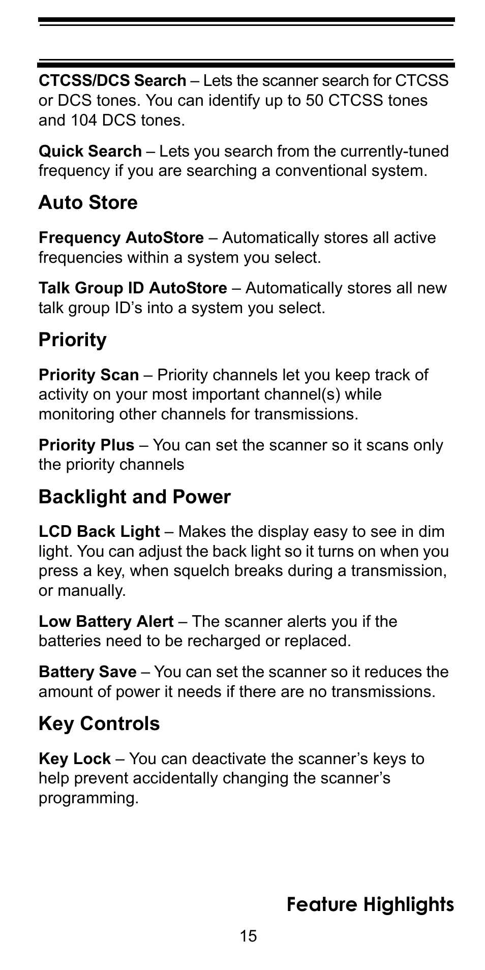 Feature highlights, Auto store, Priority | Backlight and power, Key controls | Uniden BC246T User Manual | Page 15 / 128