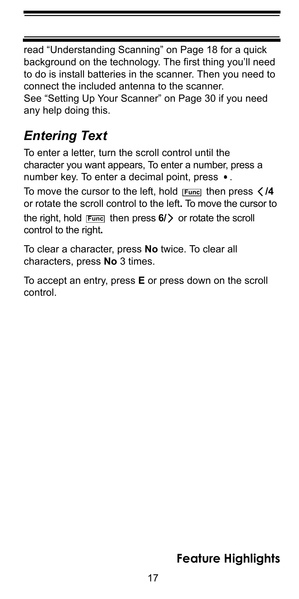 Entering text, Feature highlights | Uniden BC246T User Manual | Page 17 / 128
