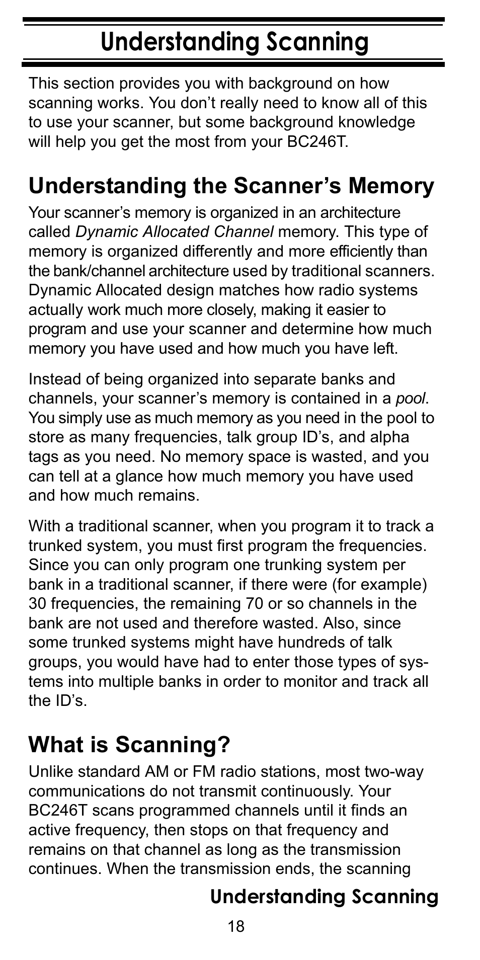 Understanding scanning, Understanding the scanner’s memory, What is scanning | Uniden BC246T User Manual | Page 18 / 128