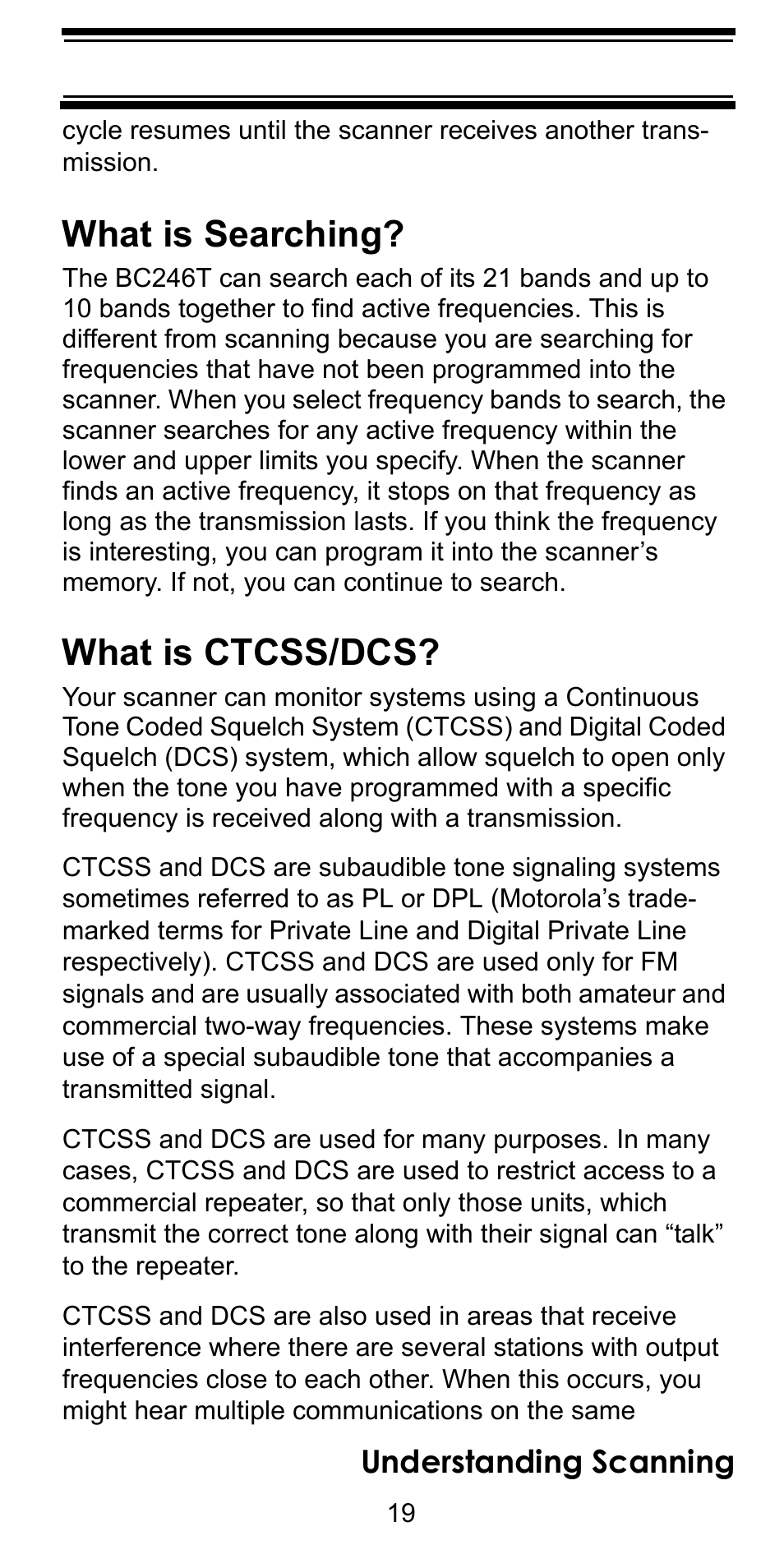 What is searching, What is ctcss/dcs, Understanding scanning | Uniden BC246T User Manual | Page 19 / 128