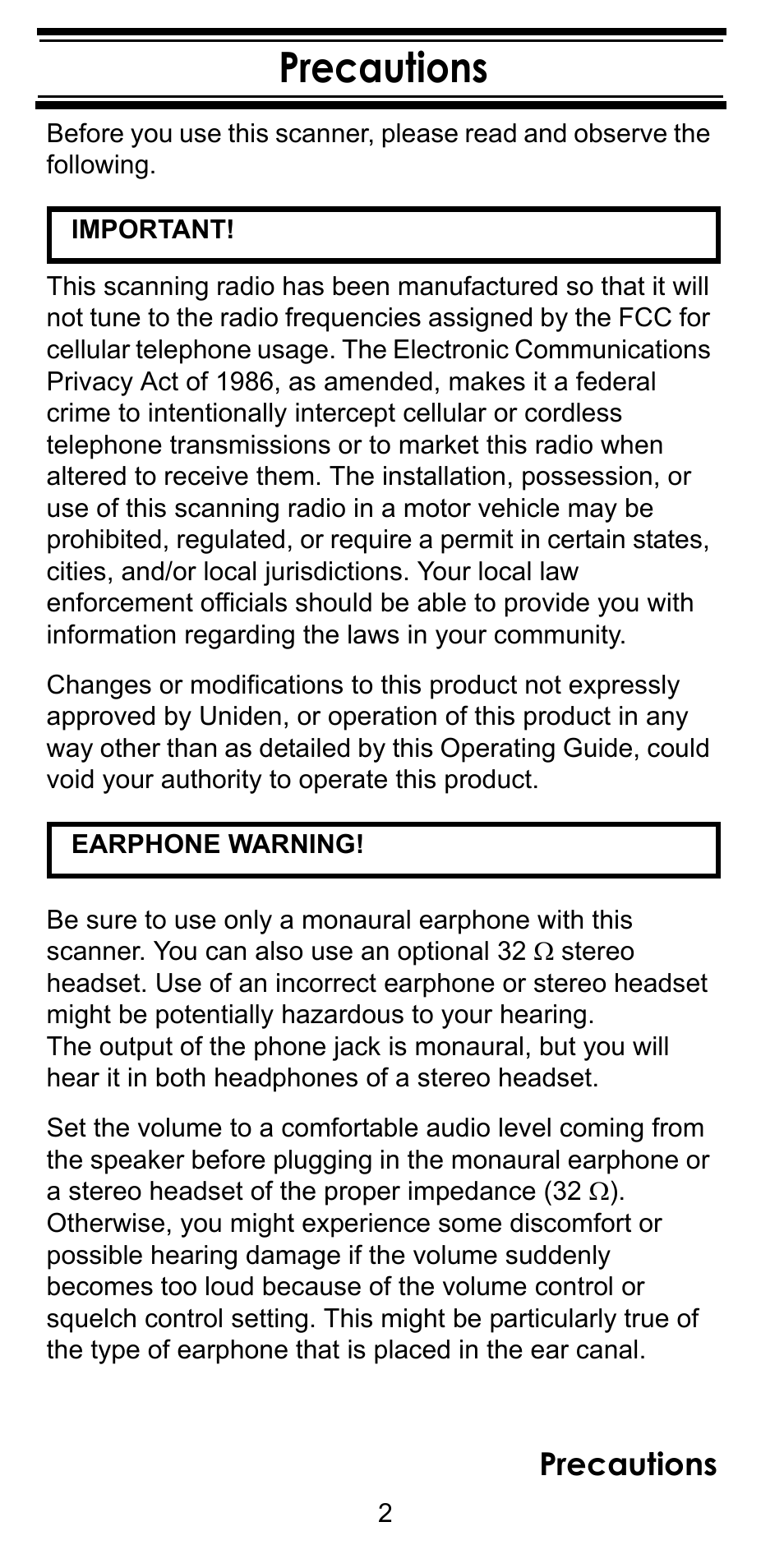 Precautions | Uniden BC246T User Manual | Page 2 / 128