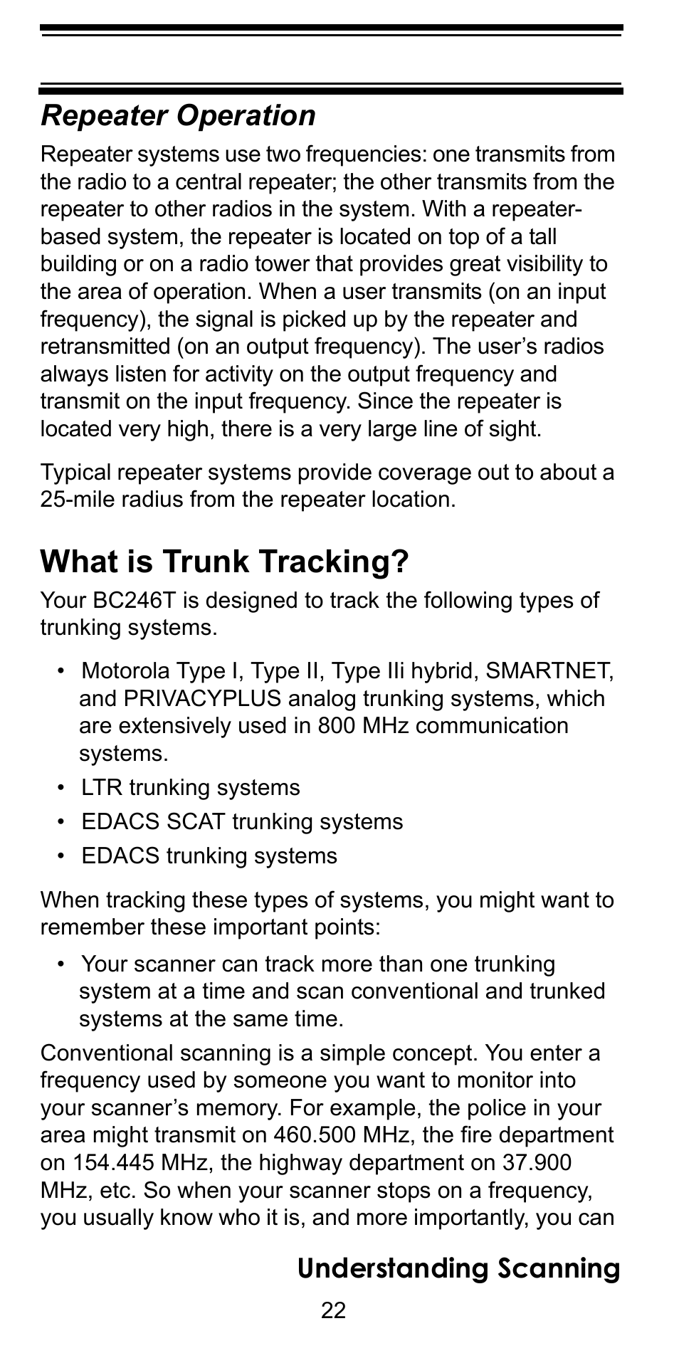 Repeater operation, What is trunk tracking, Understanding scanning | Uniden BC246T User Manual | Page 22 / 128