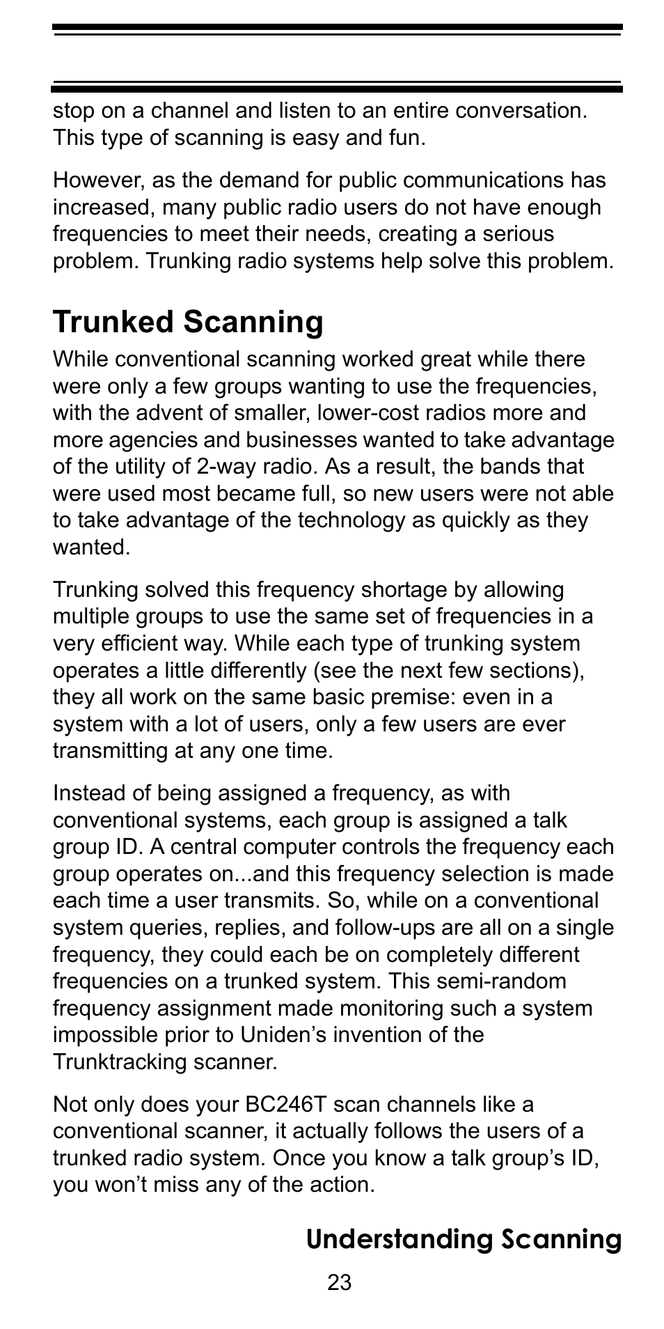 Trunked scanning, Understanding scanning | Uniden BC246T User Manual | Page 23 / 128