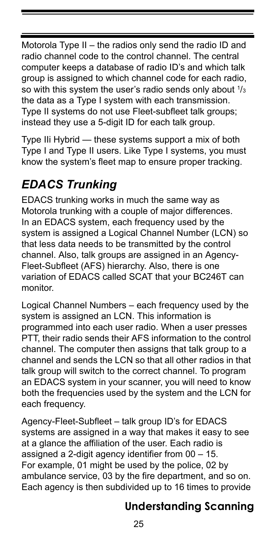 Edacs trunking, Understanding scanning | Uniden BC246T User Manual | Page 25 / 128