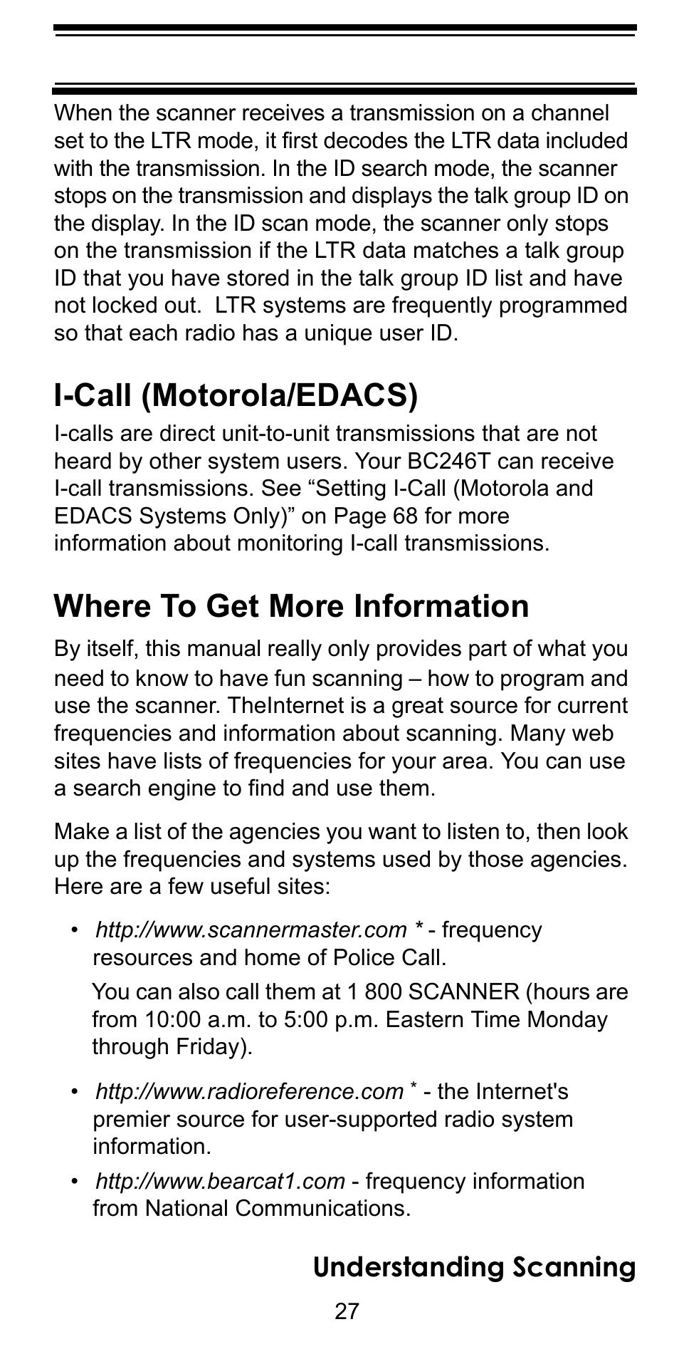 I-call (motorola/edacs), Where to get more information, Understanding scanning | Uniden BC246T User Manual | Page 27 / 128