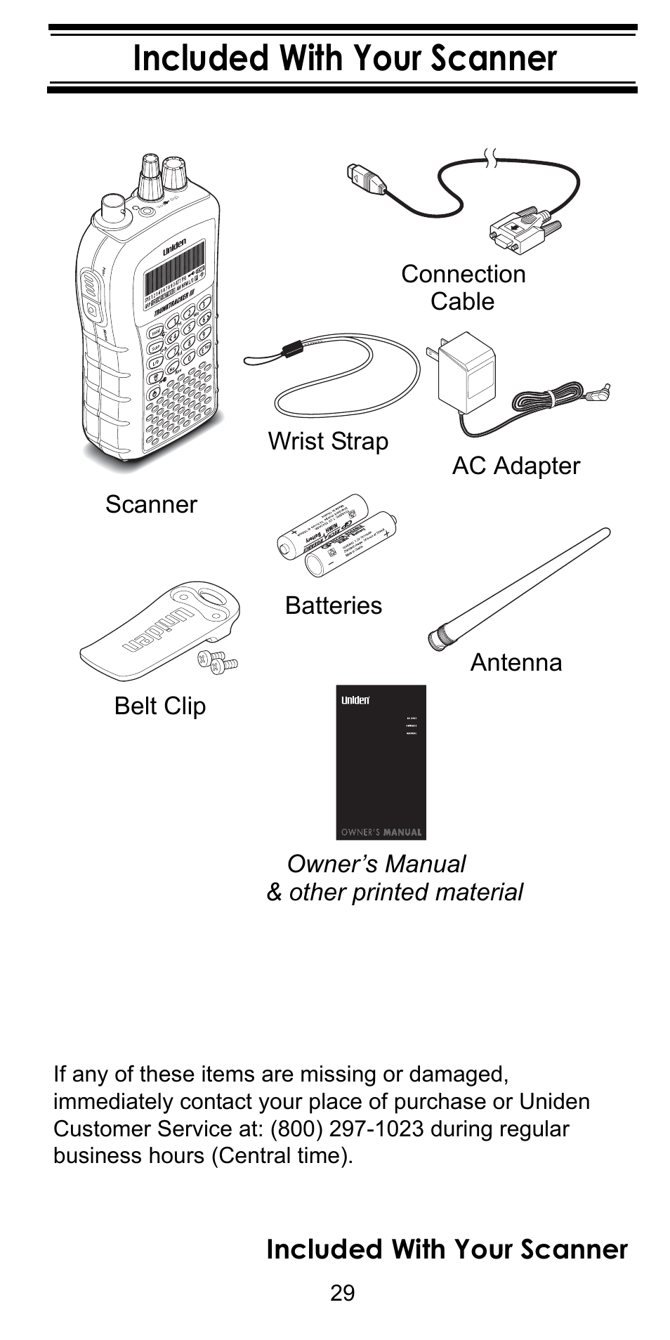 Included with your scanner, Owner’s manual scanner ac adapter belt clip | Uniden BC246T User Manual | Page 29 / 128