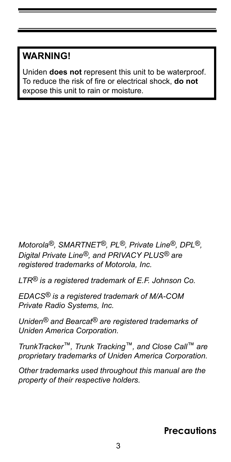 Precautions warning | Uniden BC246T User Manual | Page 3 / 128