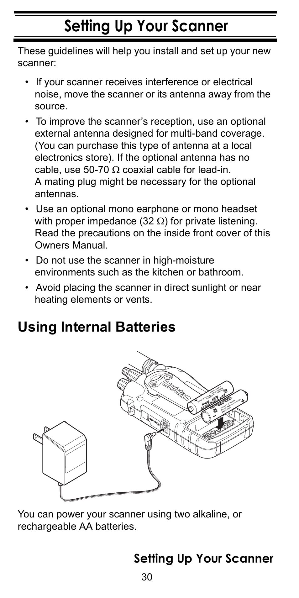 Setting up your scanner, Using internal batteries | Uniden BC246T User Manual | Page 30 / 128