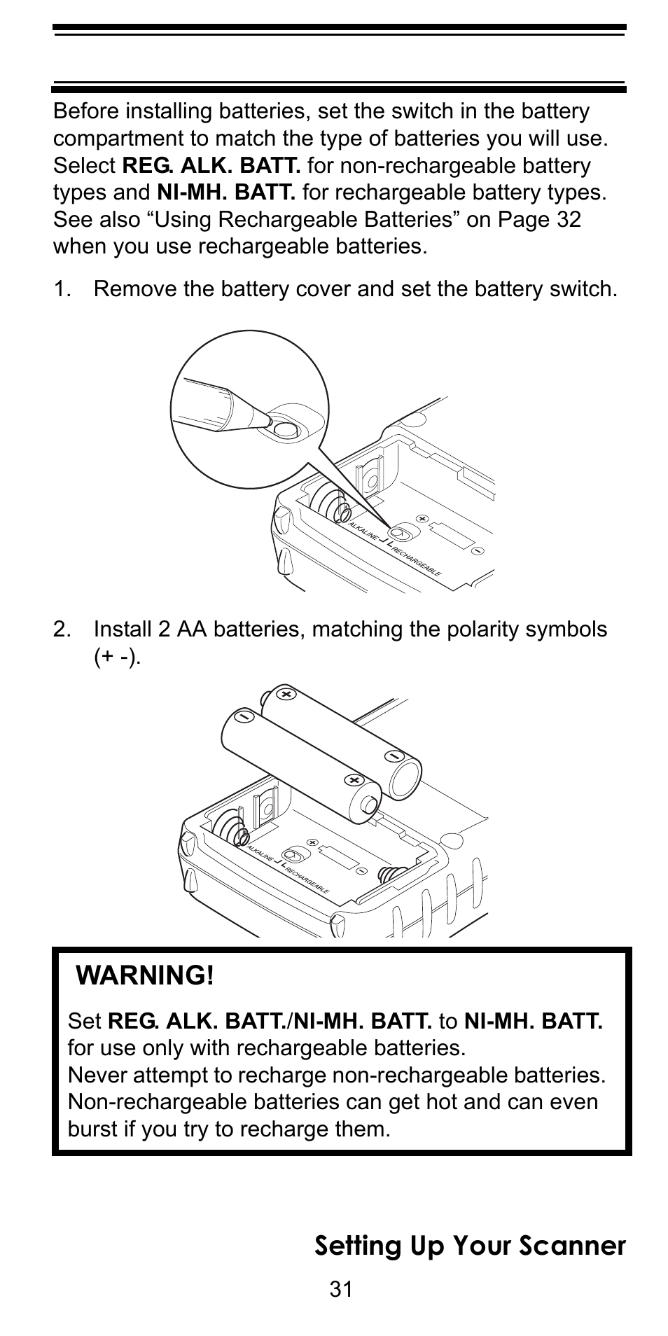 Setting up your scanner, Warning | Uniden BC246T User Manual | Page 31 / 128