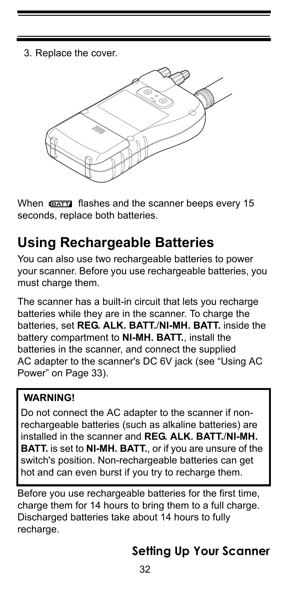 Replace the cover, Using rechargeable batteries, Setting up your scanner | Uniden BC246T User Manual | Page 32 / 128