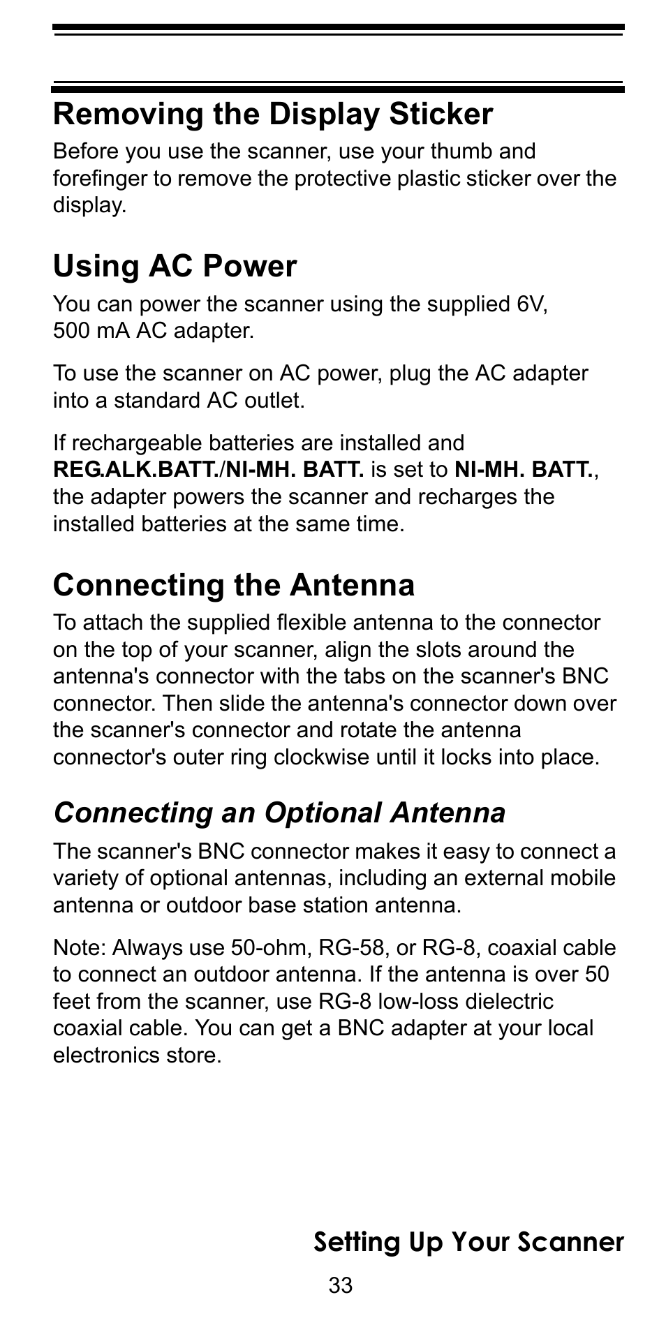 Removing the display sticker, Using ac power, Connecting the antenna | Connecting an optional antenna, Setting up your scanner | Uniden BC246T User Manual | Page 33 / 128