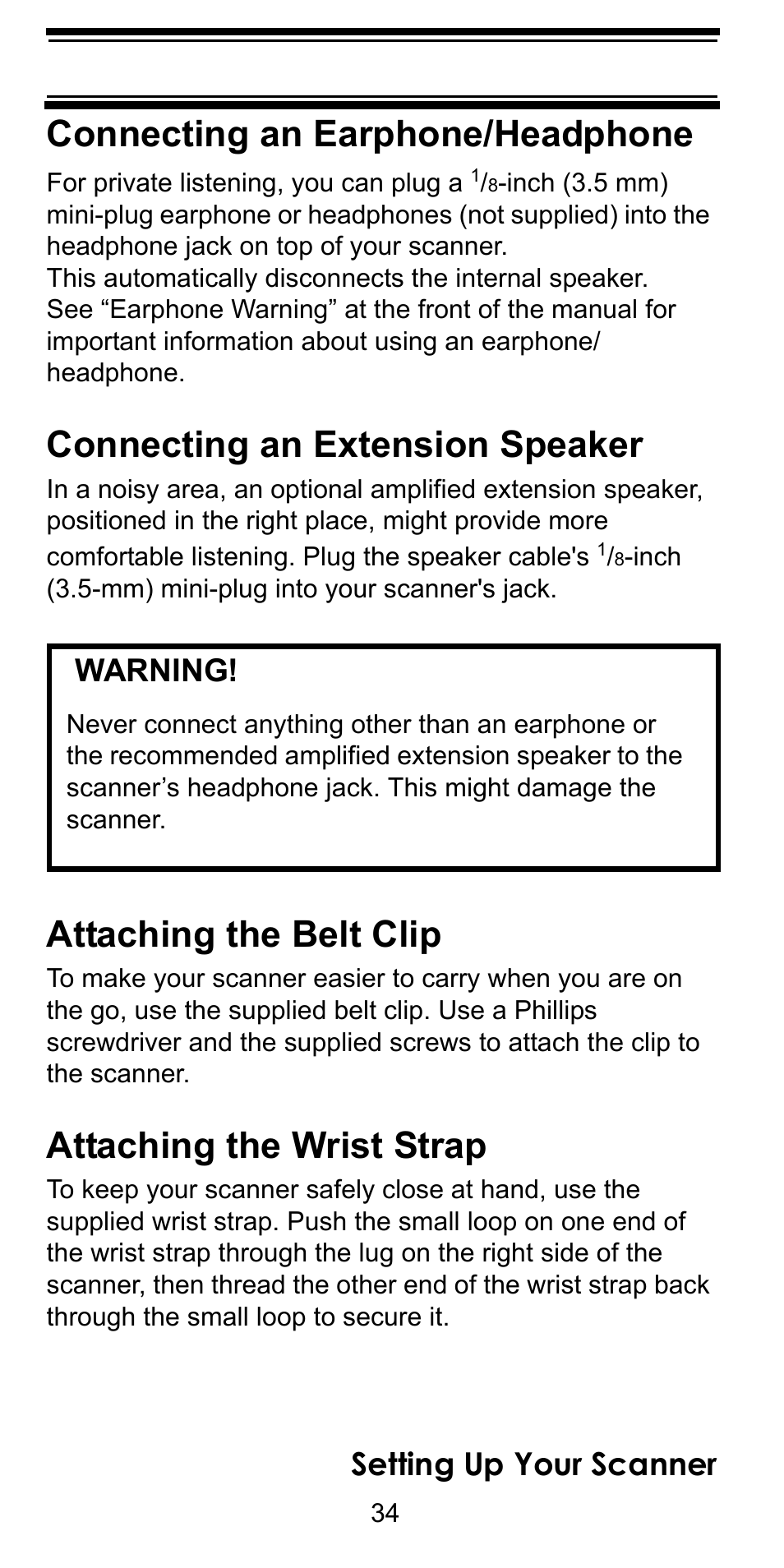 Connecting an earphone/headphone, Connecting an extension speaker, Attaching the belt clip | Attaching the wrist strap, Setting up your scanner, Warning | Uniden BC246T User Manual | Page 34 / 128