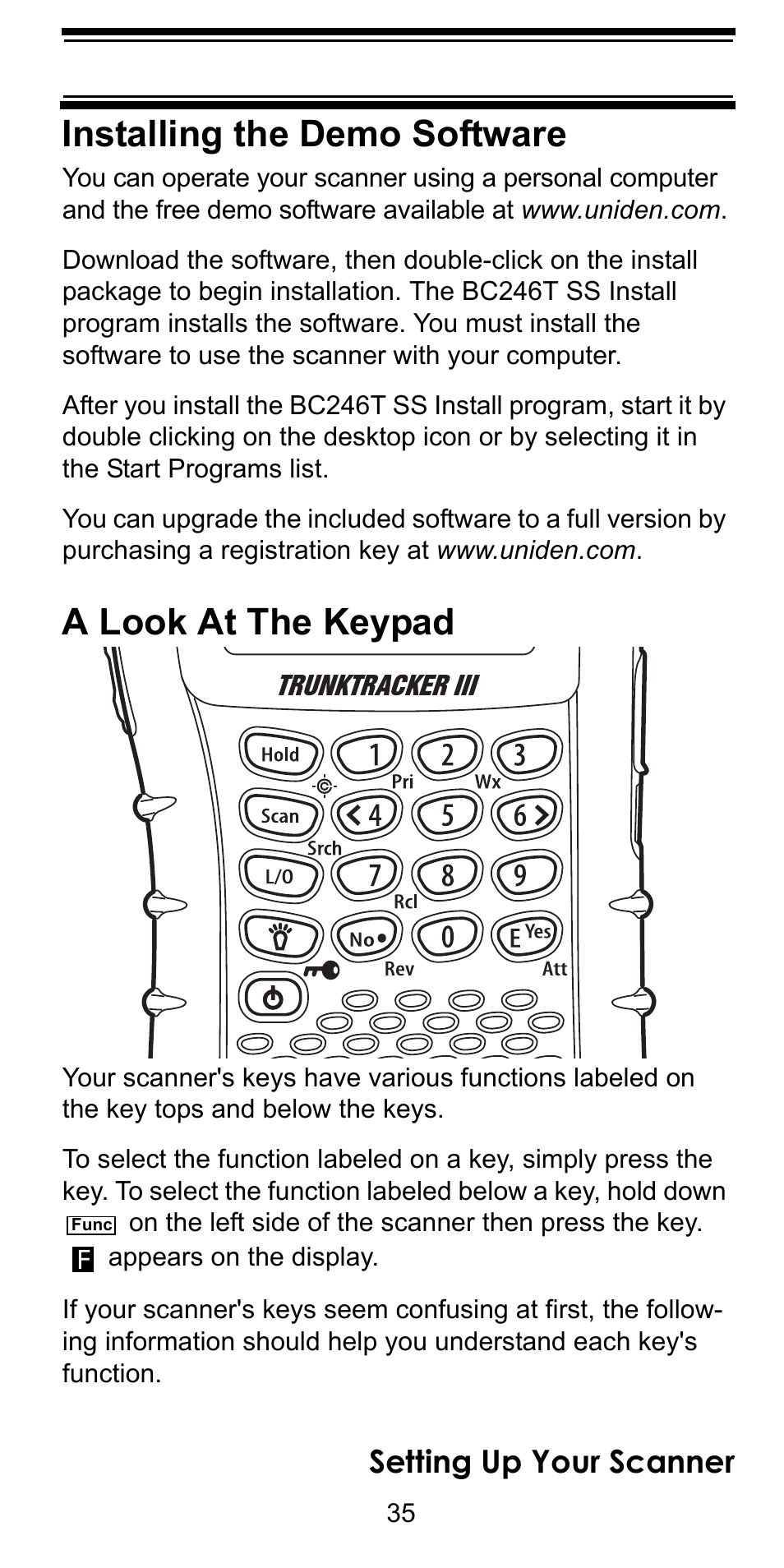 Installing the demo software, A look at the keypad | Uniden BC246T User Manual | Page 35 / 128