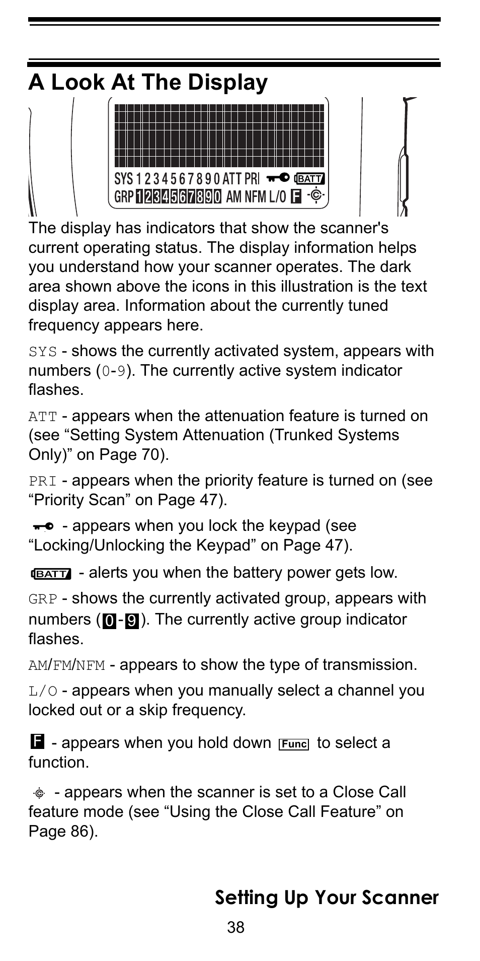 A look at the display, Setting up your scanner | Uniden BC246T User Manual | Page 38 / 128