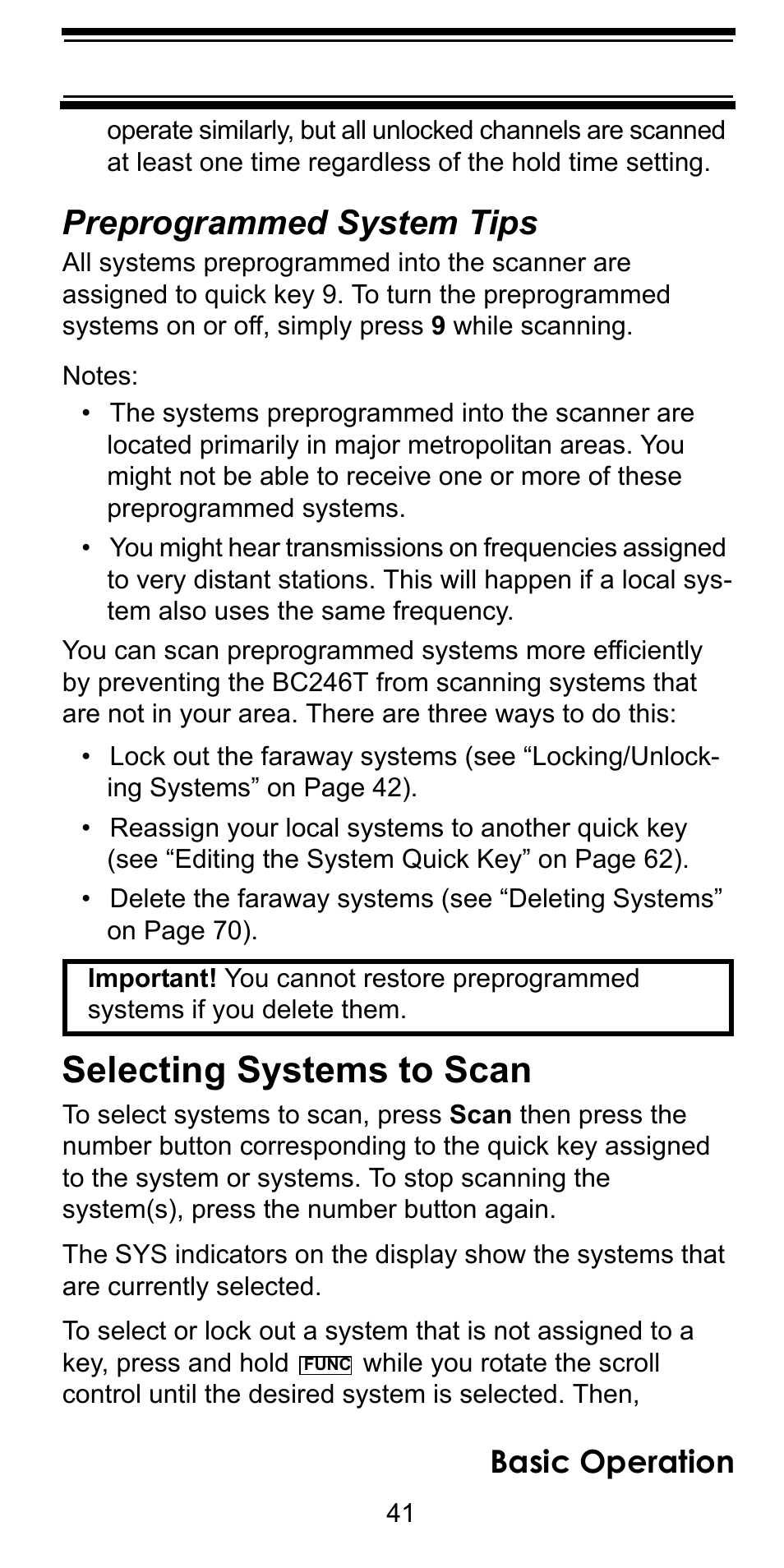 Preprogrammed system tips, Selecting systems to scan, Basic operation | Uniden BC246T User Manual | Page 41 / 128