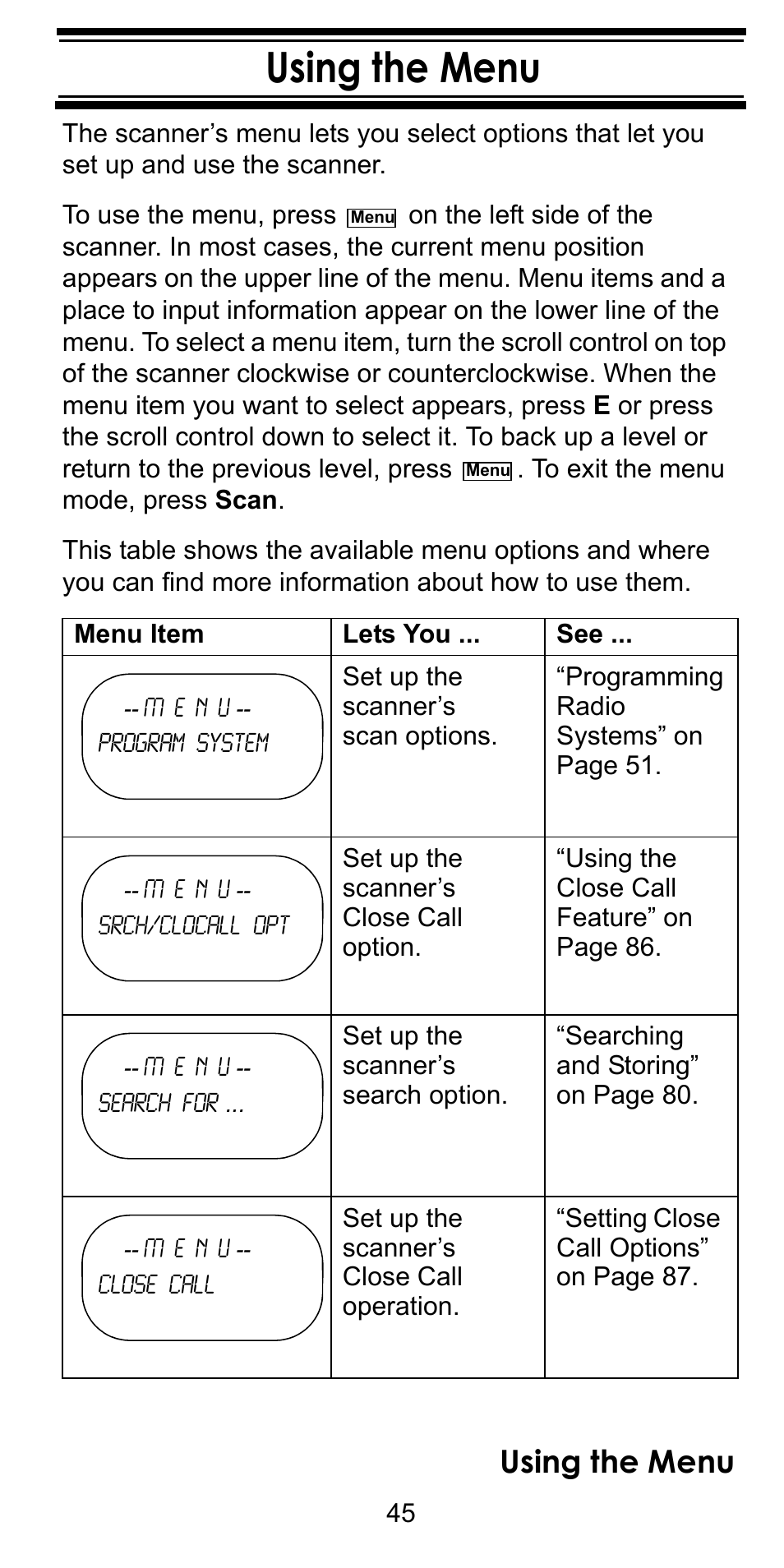 Using the menu | Uniden BC246T User Manual | Page 45 / 128