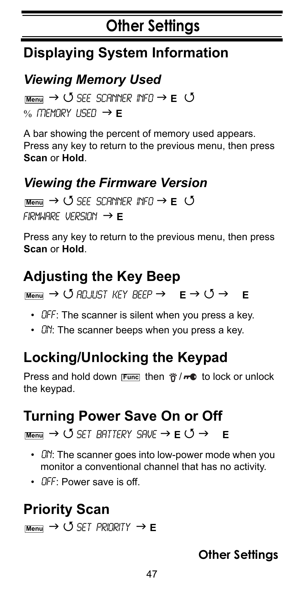 Other settings, Displaying system information, Viewing memory used | Viewing the firmware version, Adjusting the key beep, Locking/unlocking the keypad, Turning power save on or off, Priority scan, Other settings displaying system information | Uniden BC246T User Manual | Page 47 / 128