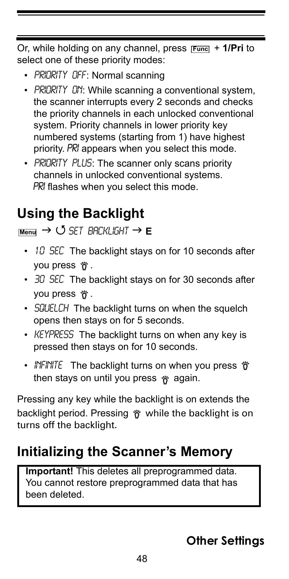 Using the backlight, Initializing the scanner’s memory, Other settings | Uniden BC246T User Manual | Page 48 / 128