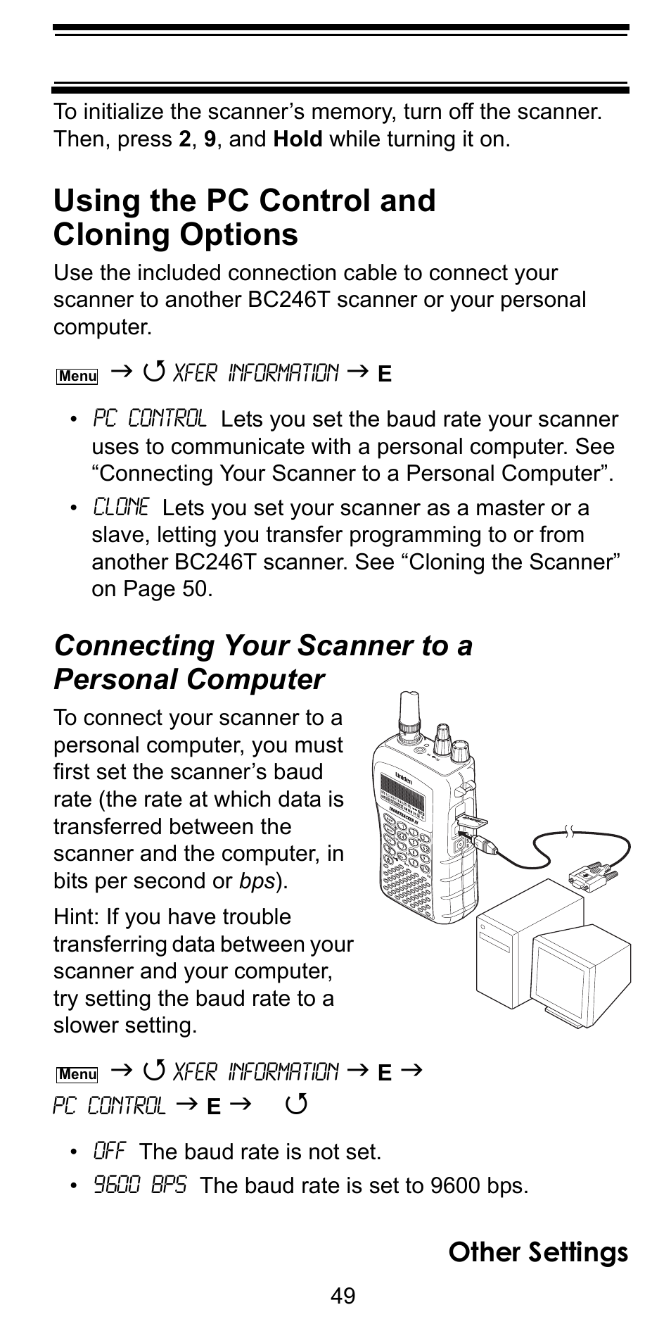 Using the pc control and cloning options, Connecting your scanner to a personal computer, Connecting your scanner to a | Personal computer, Other settings | Uniden BC246T User Manual | Page 49 / 128