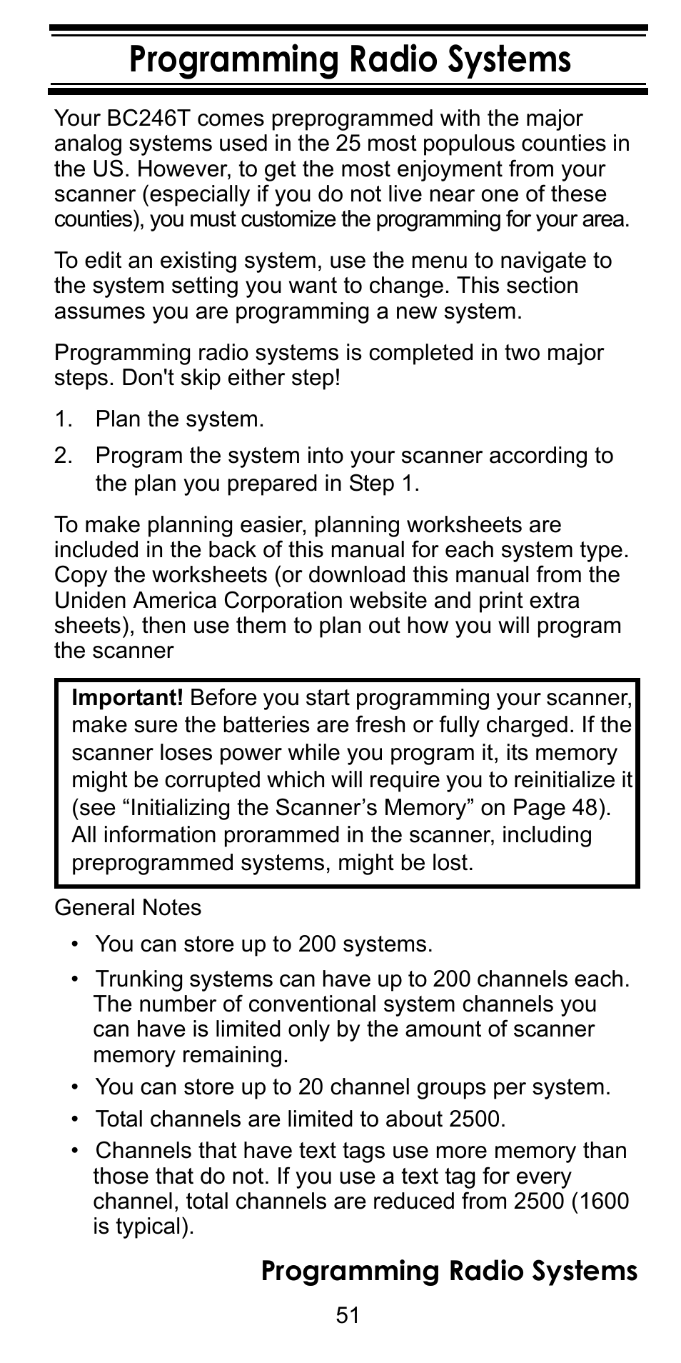 Programming radio systems, Plan the system | Uniden BC246T User Manual | Page 51 / 128