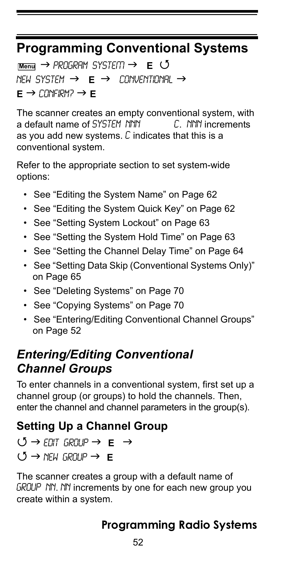 Programming conventional systems, Entering/editing conventional channel groups, Entering/editing conventional | Channel groups, Programming radio systems, Setting up a channel group | Uniden BC246T User Manual | Page 52 / 128