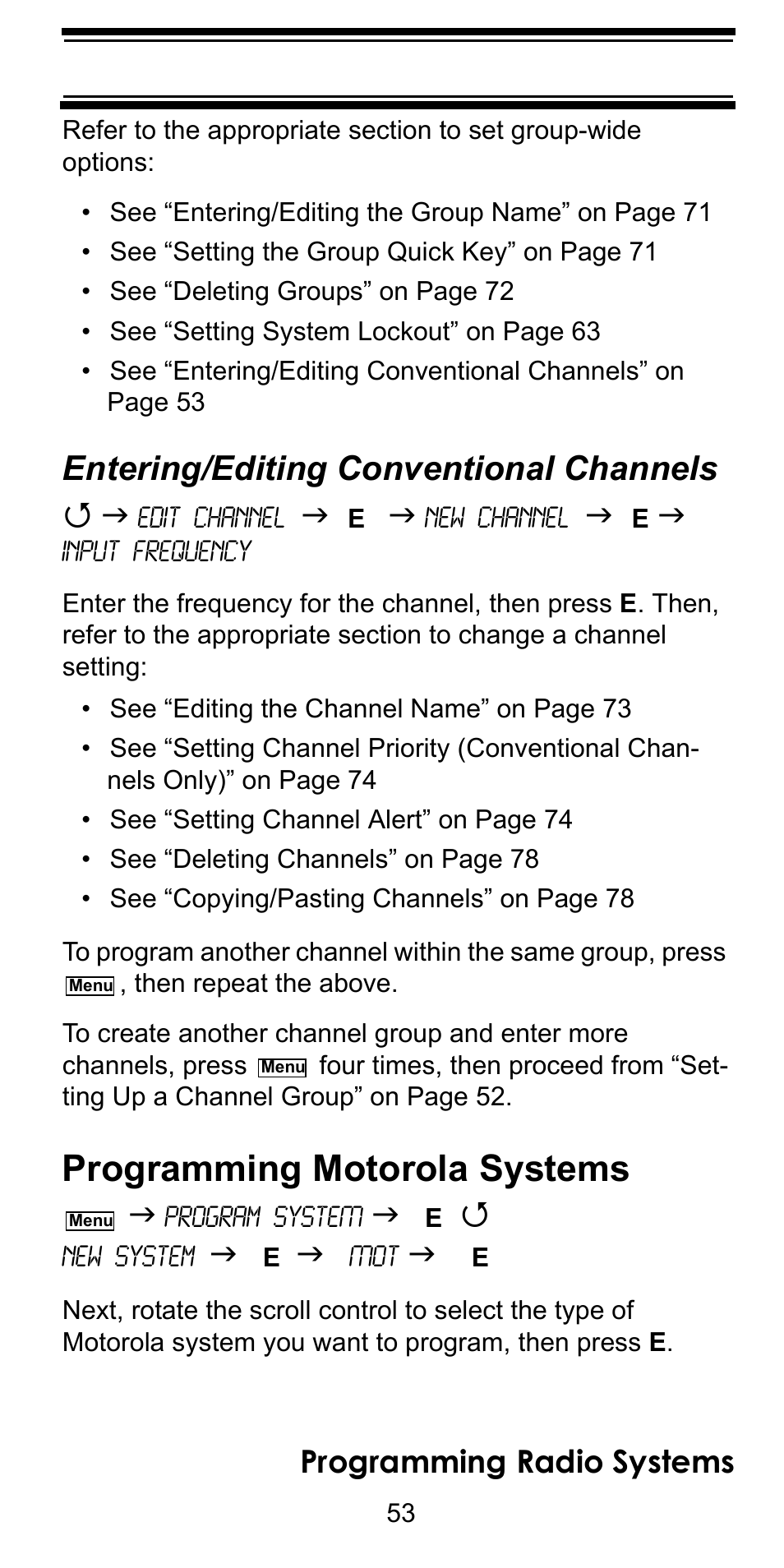 Entering/editing conventional channels, Programming motorola systems, Programming radio systems | Uniden BC246T User Manual | Page 53 / 128