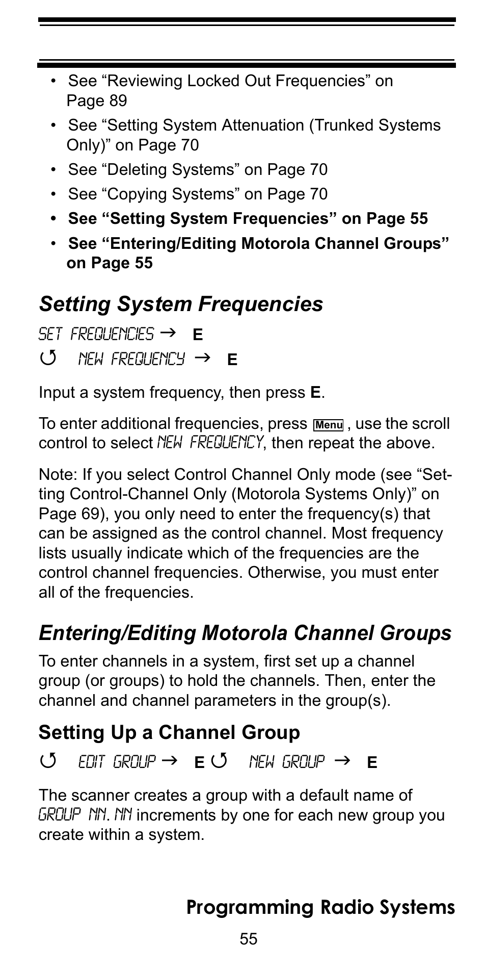 Setting system frequencies, Entering/editing motorola channel groups, Programming radio systems | Setting up a channel group | Uniden BC246T User Manual | Page 55 / 128