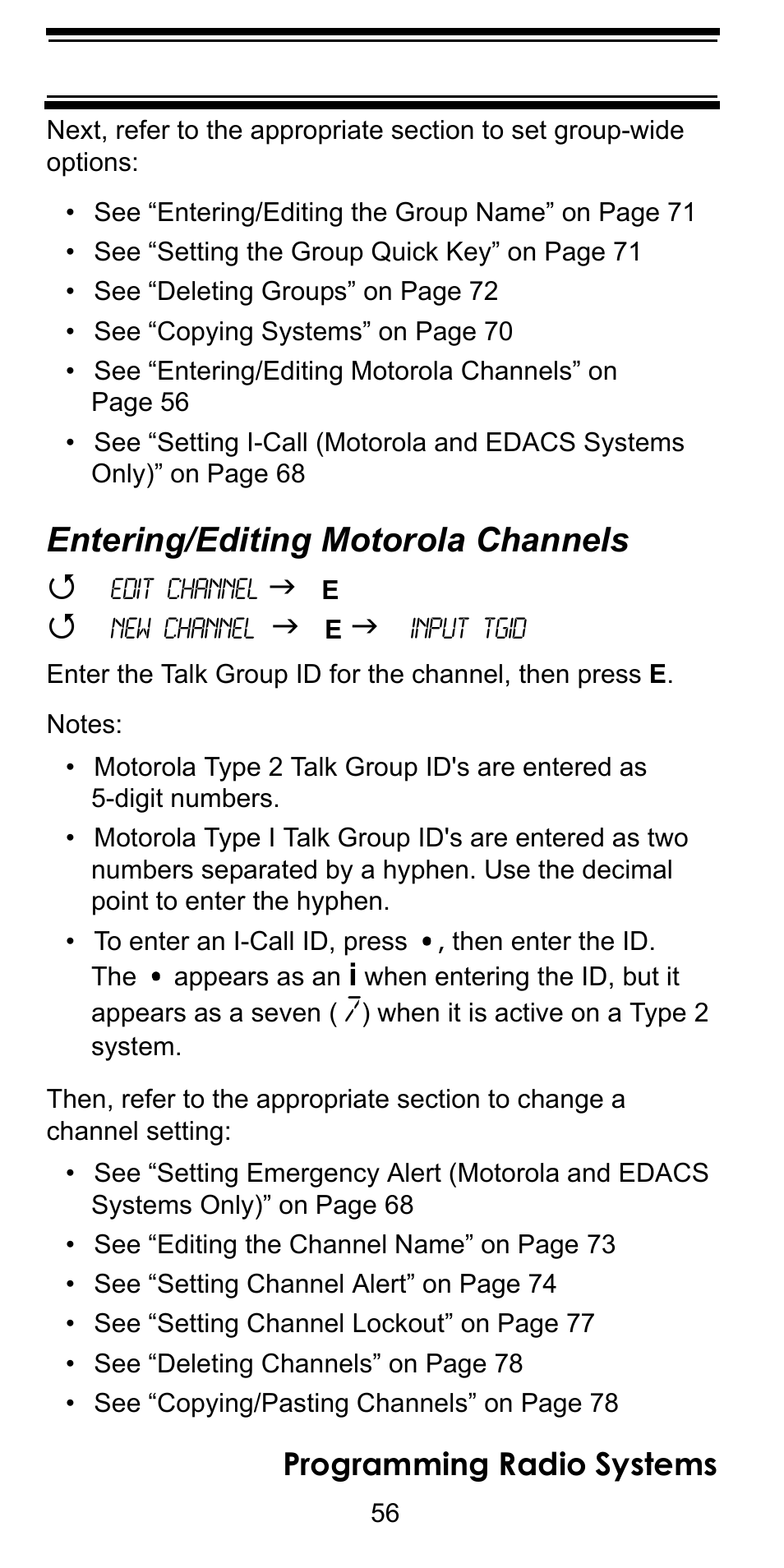 Entering/editing motorola channels, Programming radio systems | Uniden BC246T User Manual | Page 56 / 128