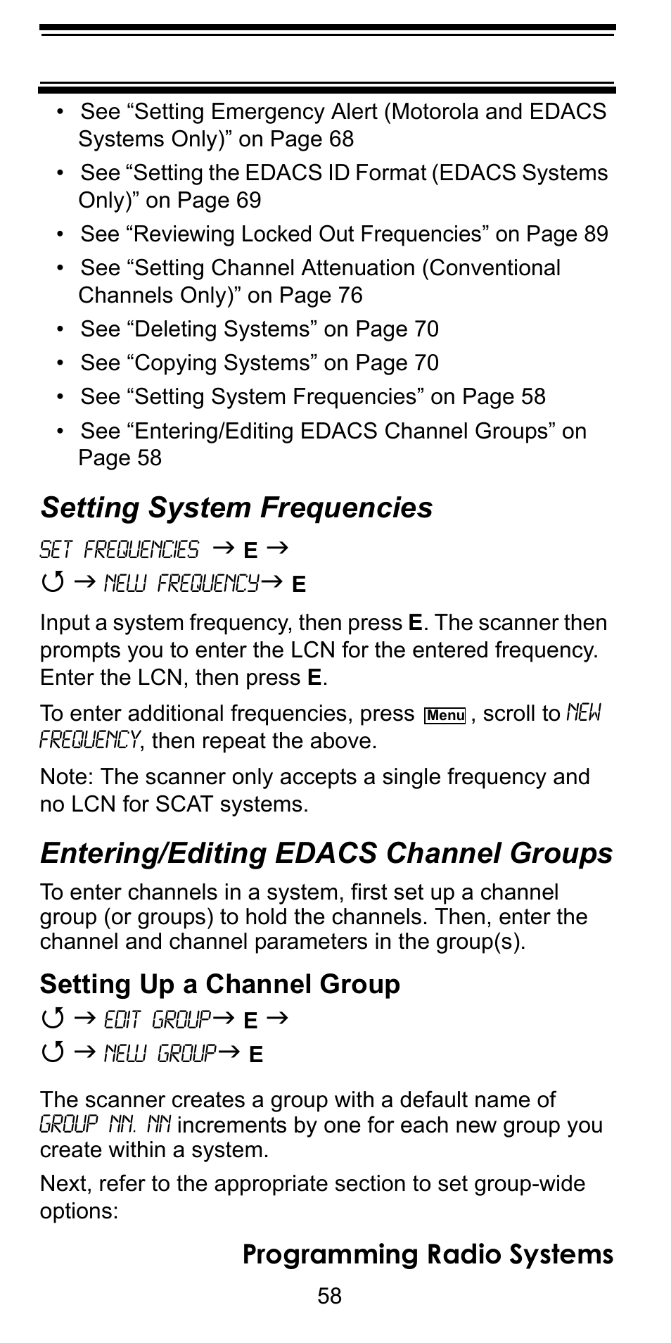 Setting system frequencies, Entering/editing edacs channel groups, Programming radio systems | Setting up a channel group | Uniden BC246T User Manual | Page 58 / 128