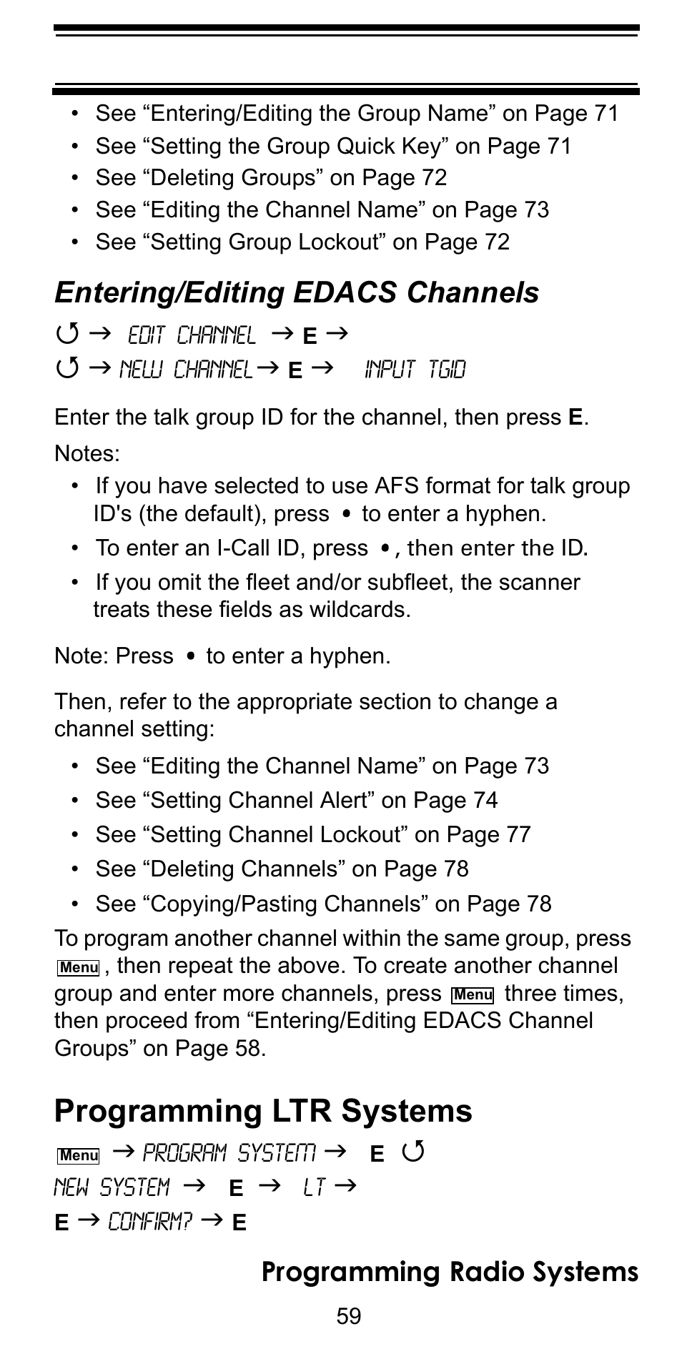 Entering/editing edacs channels, Programming ltr systems, Programming radio systems | Uniden BC246T User Manual | Page 59 / 128