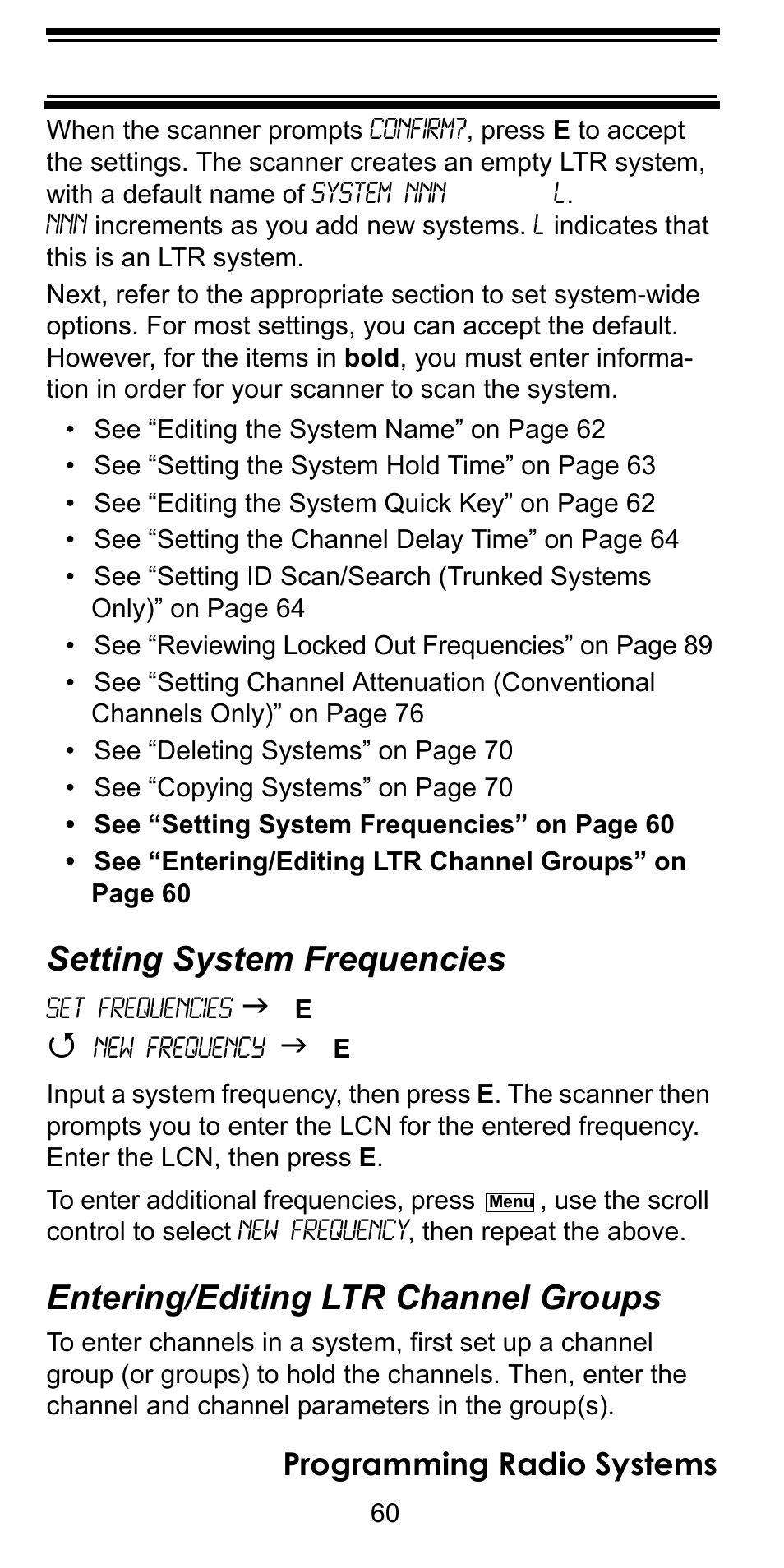 Setting system frequencies, Entering/editing ltr channel groups, Programming radio systems | Uniden BC246T User Manual | Page 60 / 128