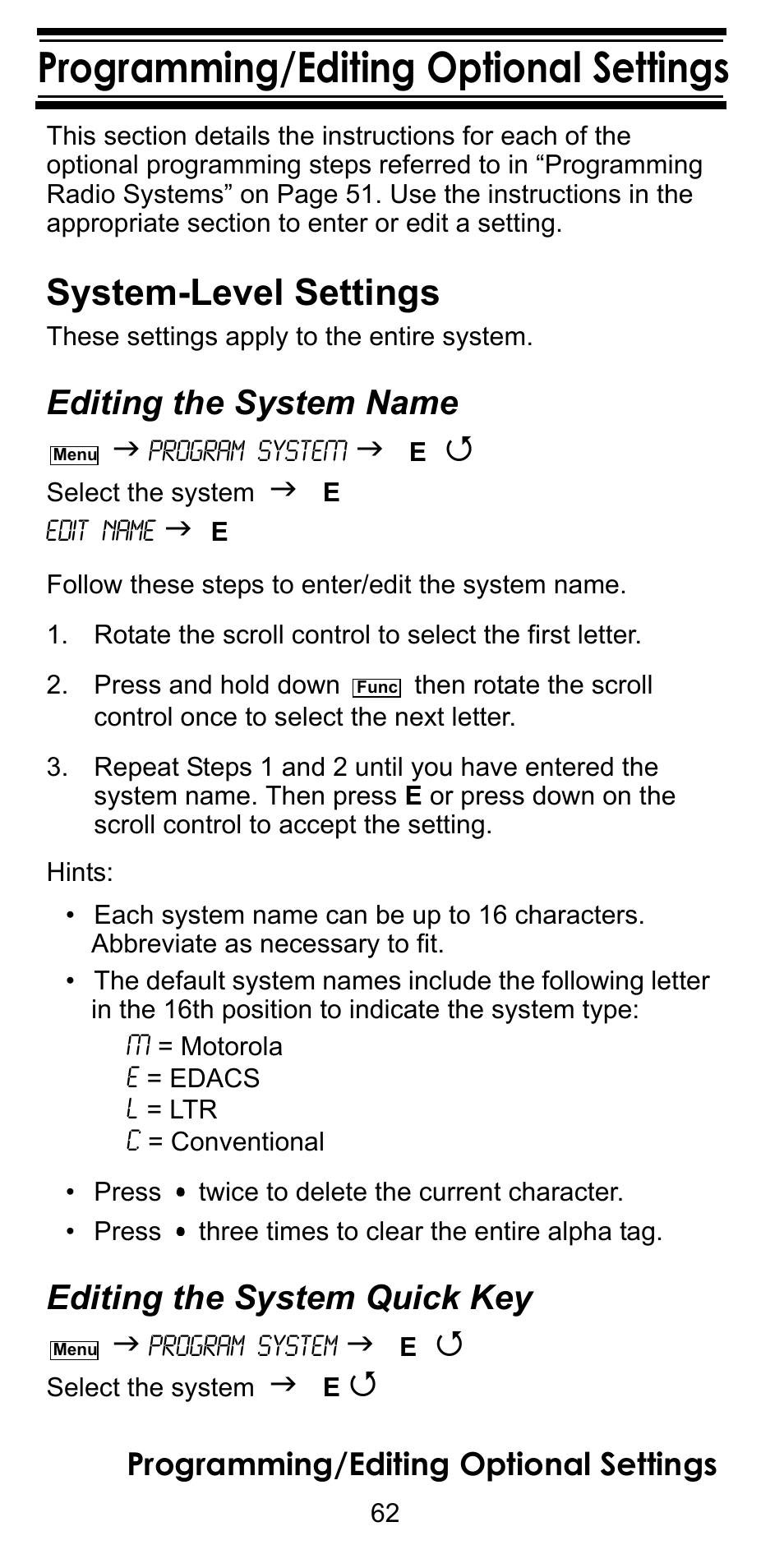 Programming/editing optional settings, System-level settings, Editing the system name | Editing the system quick key | Uniden BC246T User Manual | Page 62 / 128