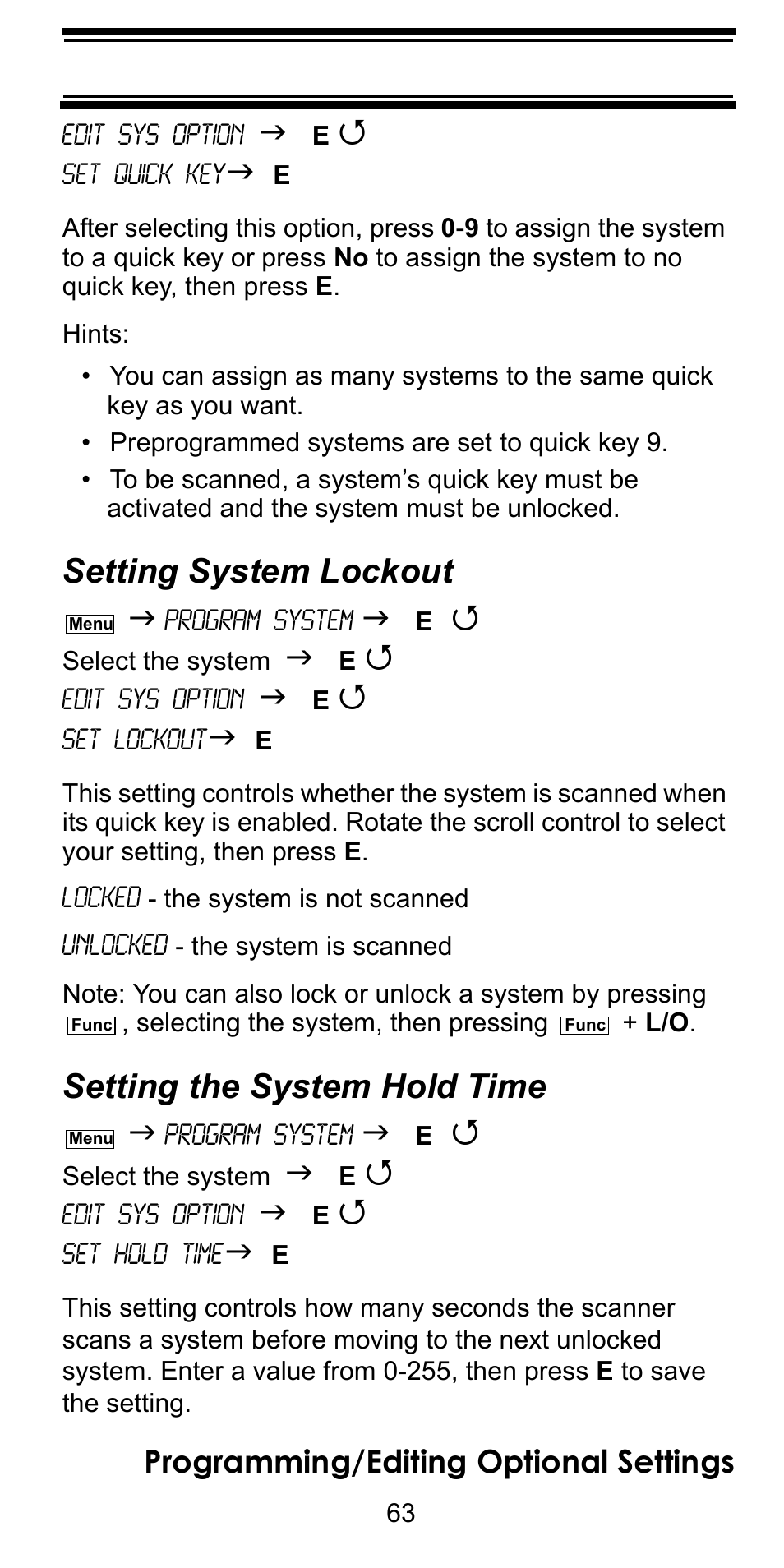 Setting system lockout, Setting the system hold time, Programming/editing optional settings | Uniden BC246T User Manual | Page 63 / 128