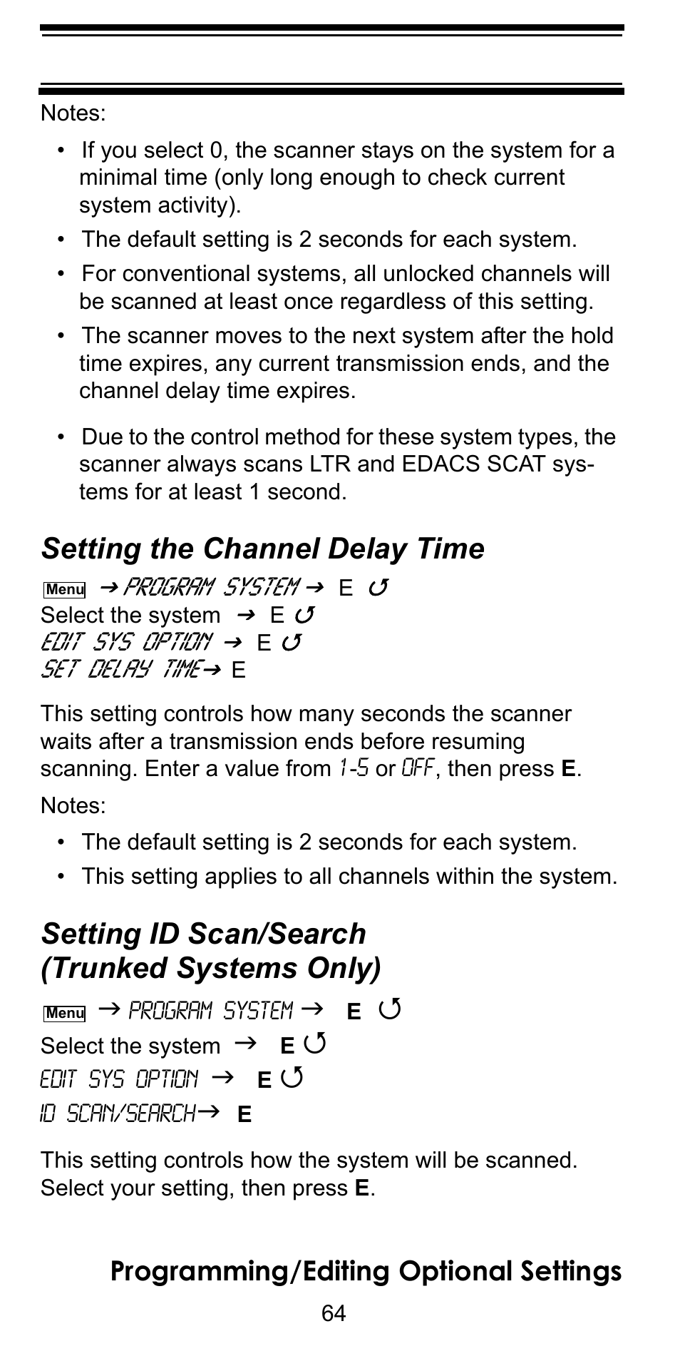 Setting the channel delay time, Setting id scan/search (trunked systems only), Setting id scan/search (trunked systems | Setting id scan/search, Trunked systems only), Programming/editing optional settings | Uniden BC246T User Manual | Page 64 / 128