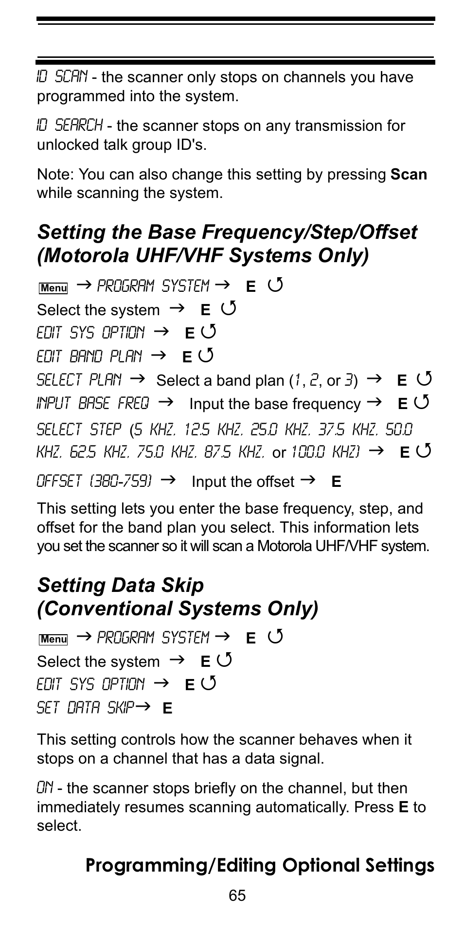 Setting data skip (conventional systems only), Setting the base frequency/step/offset (motor, Setting data skip | Conventional systems only), Programming/editing optional settings | Uniden BC246T User Manual | Page 65 / 128