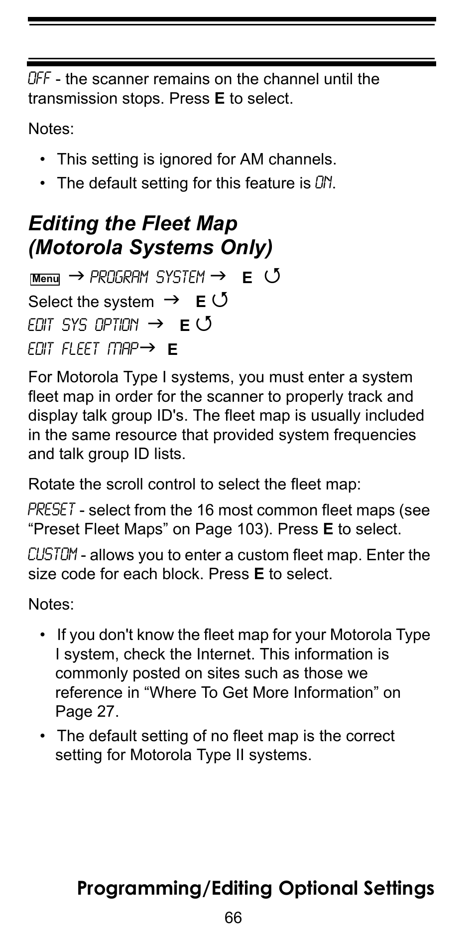 Editing the fleet map (motorola systems only), Editing the fleet map, Motorola systems only) | Programming/editing optional settings | Uniden BC246T User Manual | Page 66 / 128