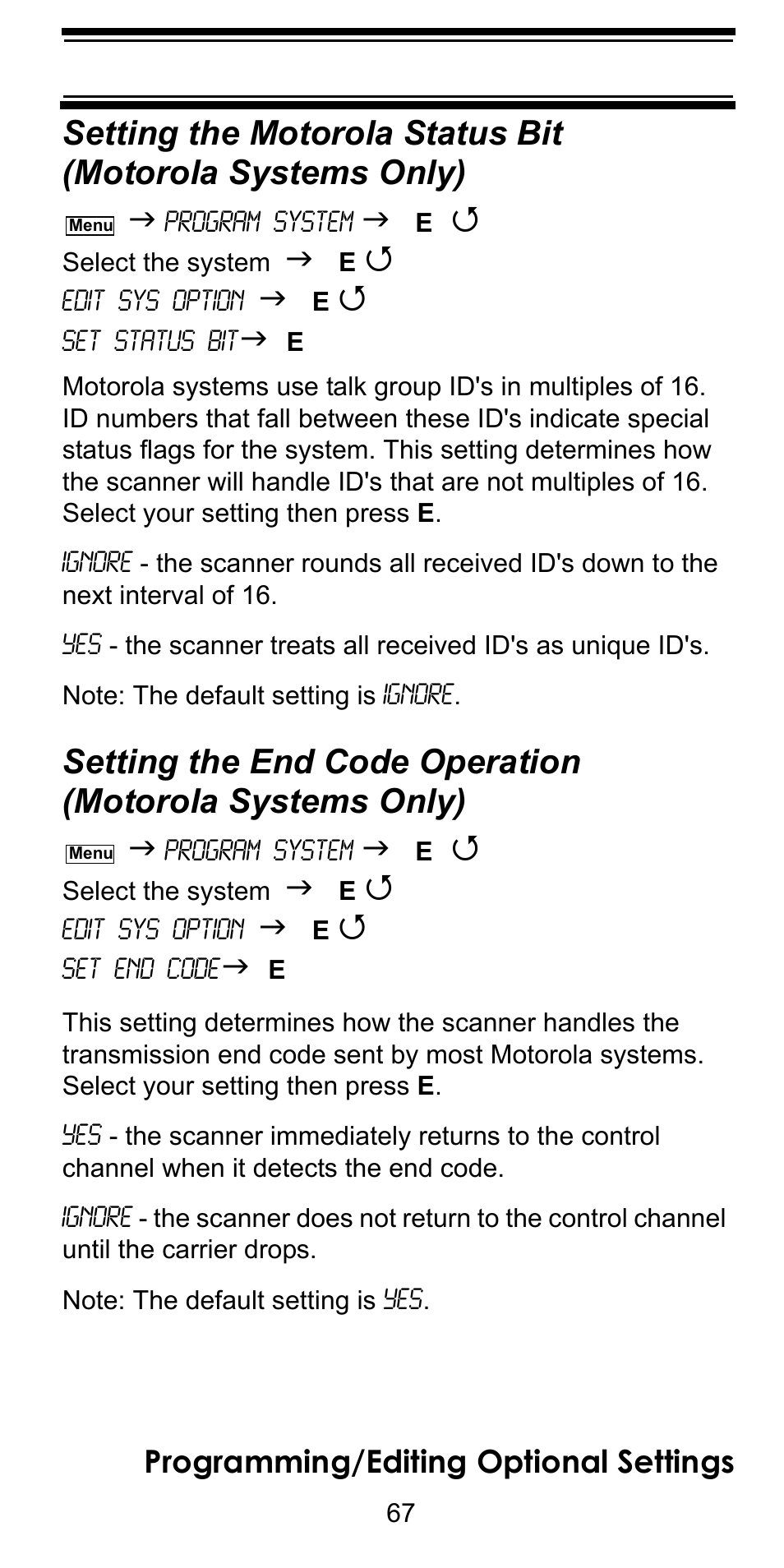 E“setting the motorola status bit (motorola sys, Setting the end code operation (motorola sys, Setting the motorola status bit | Motorola systems only), Setting the end code operation, Programming/editing optional settings | Uniden BC246T User Manual | Page 67 / 128