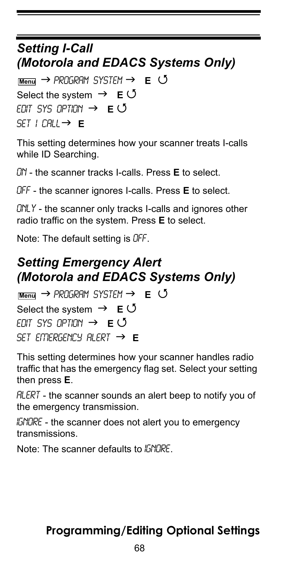 Setting i-call (motorola and edacs systems only), Setting i-call (motorola and edacs systems, Setting emergency alert (motorola and edacs | Setting i-call, Motorola and edacs systems only), Setting emergency alert, Programming/editing optional settings | Uniden BC246T User Manual | Page 68 / 128