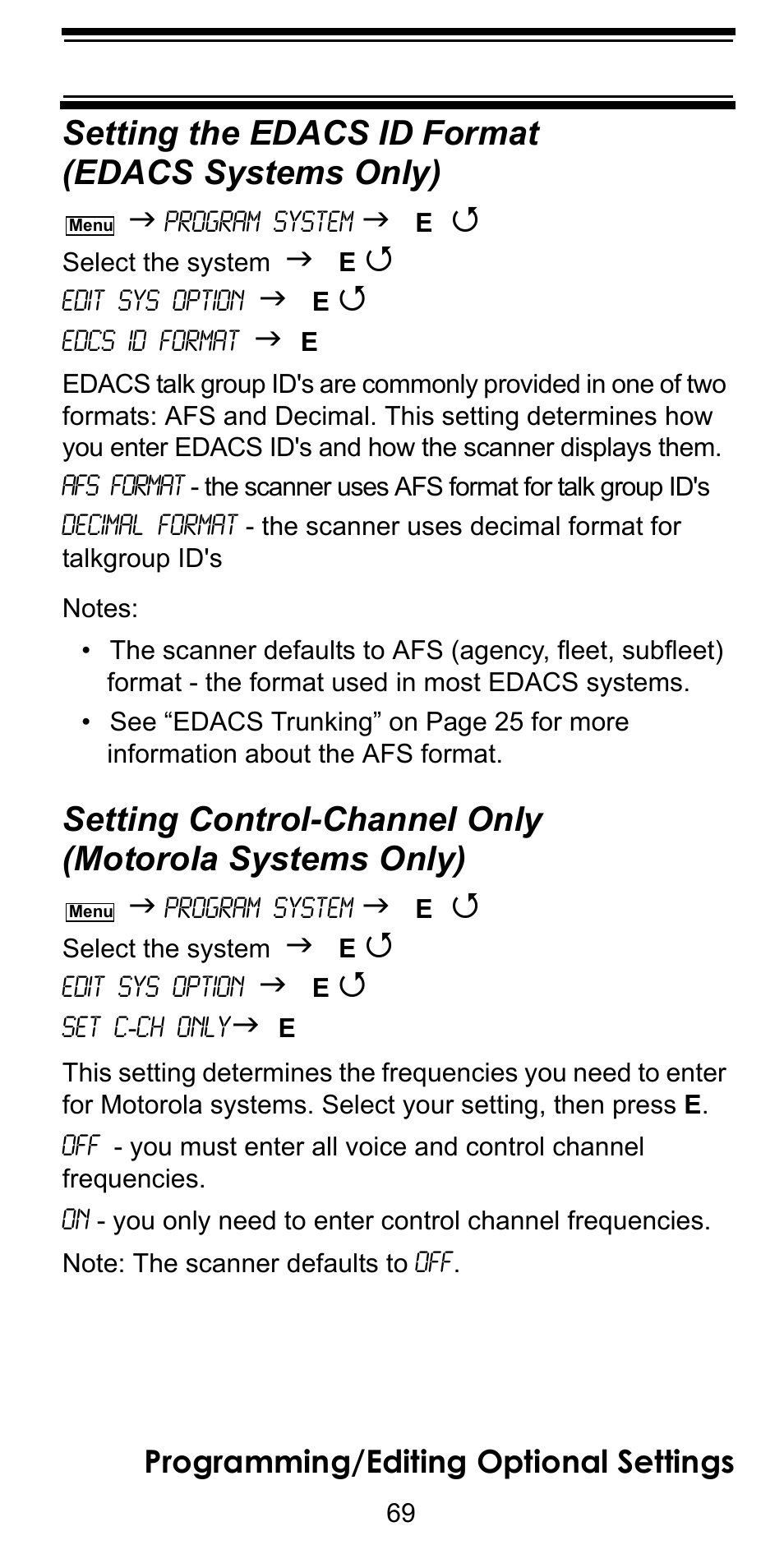 Setting the edacs id format (edacs systems only), Setting control-channel only (motorola sys, Setting the edacs id format (edacs systems | Setting the edacs id format, Edacs systems only), Setting control-channel only, Motorola systems only), Programming/editing optional settings | Uniden BC246T User Manual | Page 69 / 128