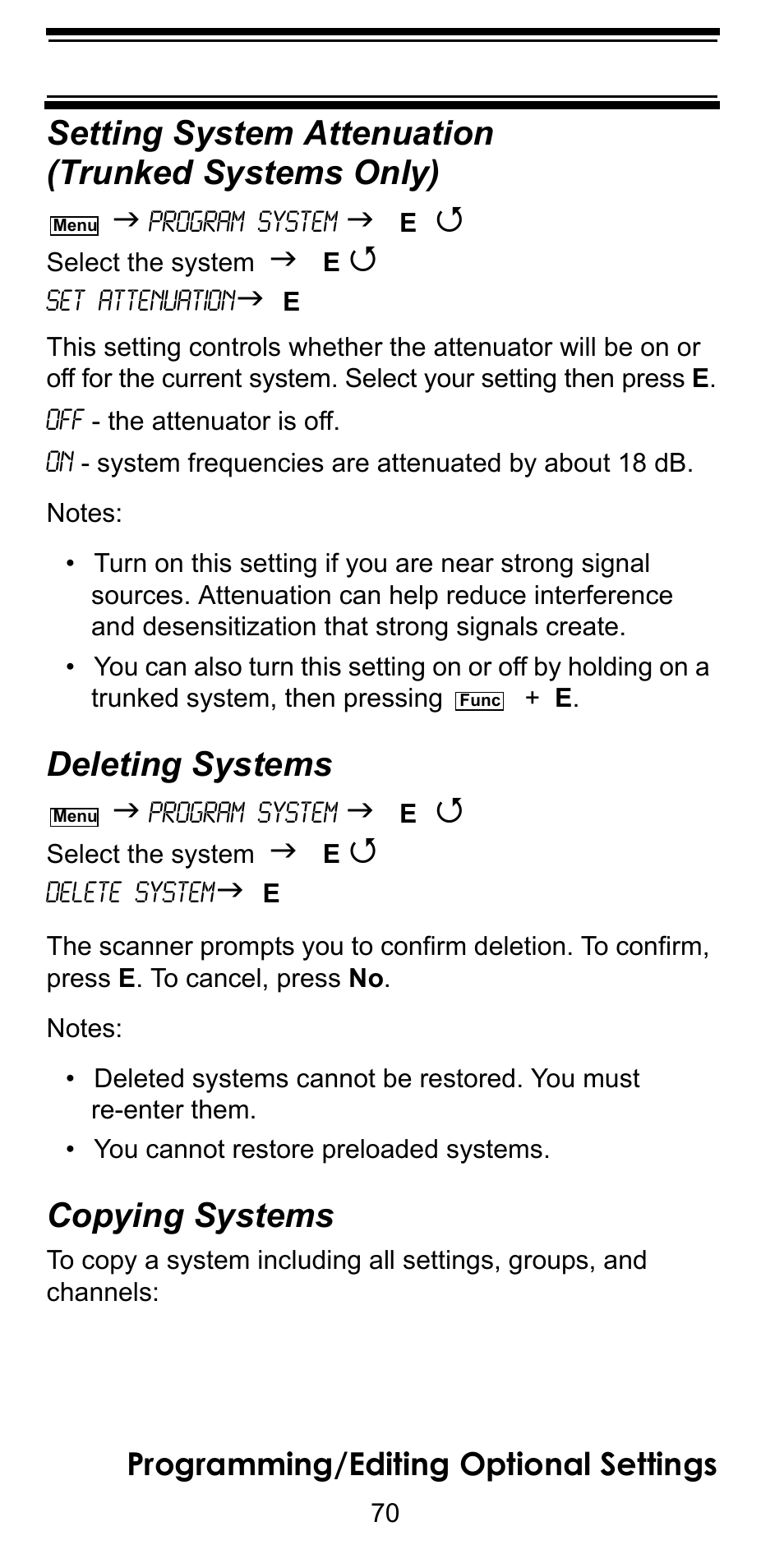 Setting system attenuation (trunked systems only), Deleting systems, Copying systems | Setting system attenuation (trunked systems, Setting system attenuation, Trunked systems only), Programming/editing optional settings | Uniden BC246T User Manual | Page 70 / 128