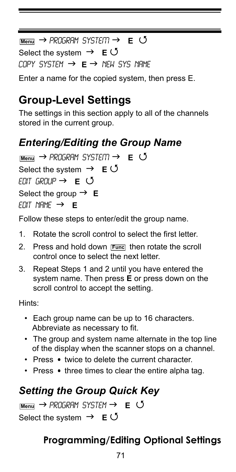 Group-level settings, Entering/editing the group name, Setting the group quick key | Programming/editing optional settings | Uniden BC246T User Manual | Page 71 / 128