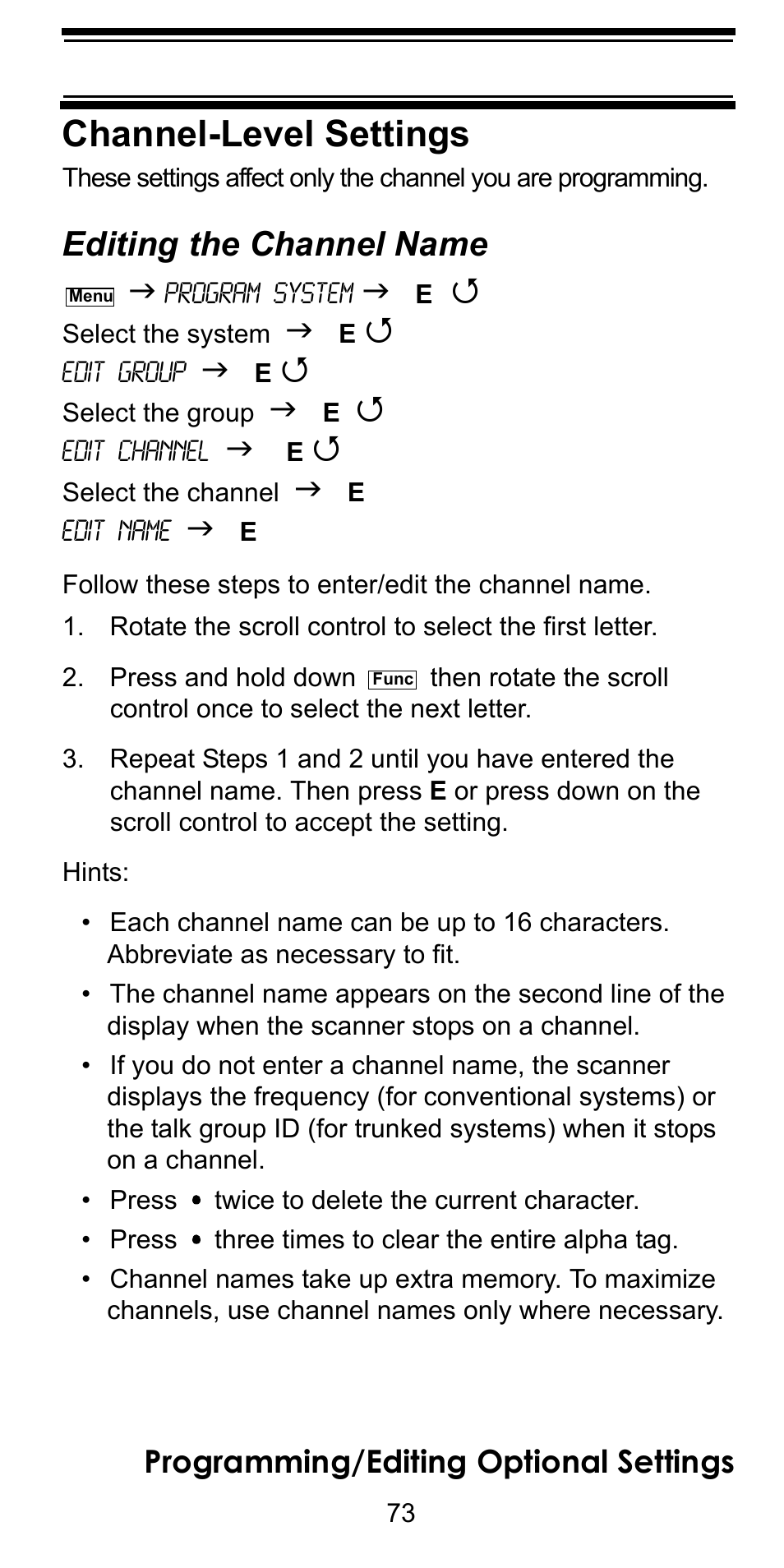 Channel-level settings, Editing the channel name, Programming/editing optional settings | Uniden BC246T User Manual | Page 73 / 128